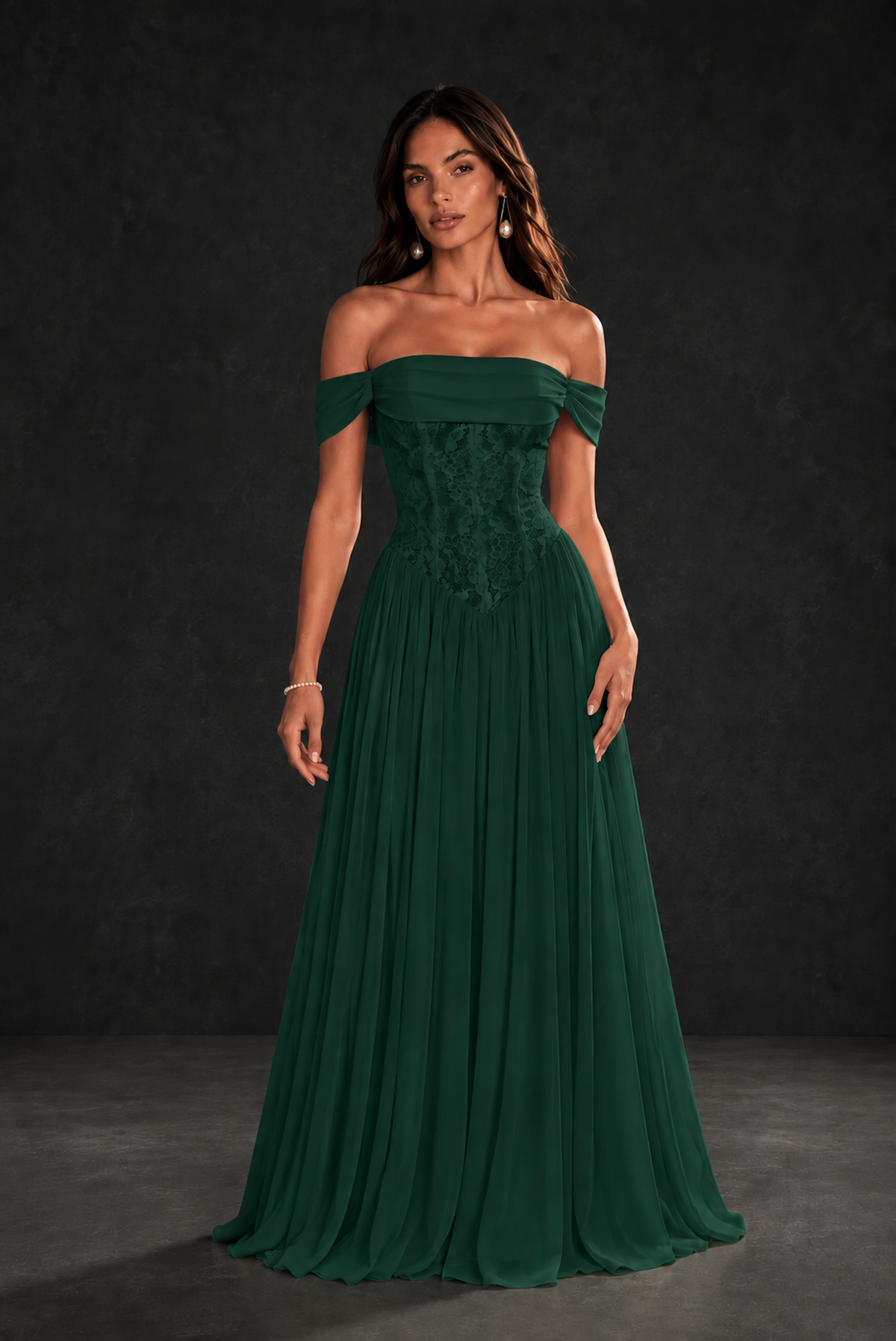 BOLODOO Emerald Green Off-Shoulder Lace Corset Tulle Maxi Dress - Emerald Green