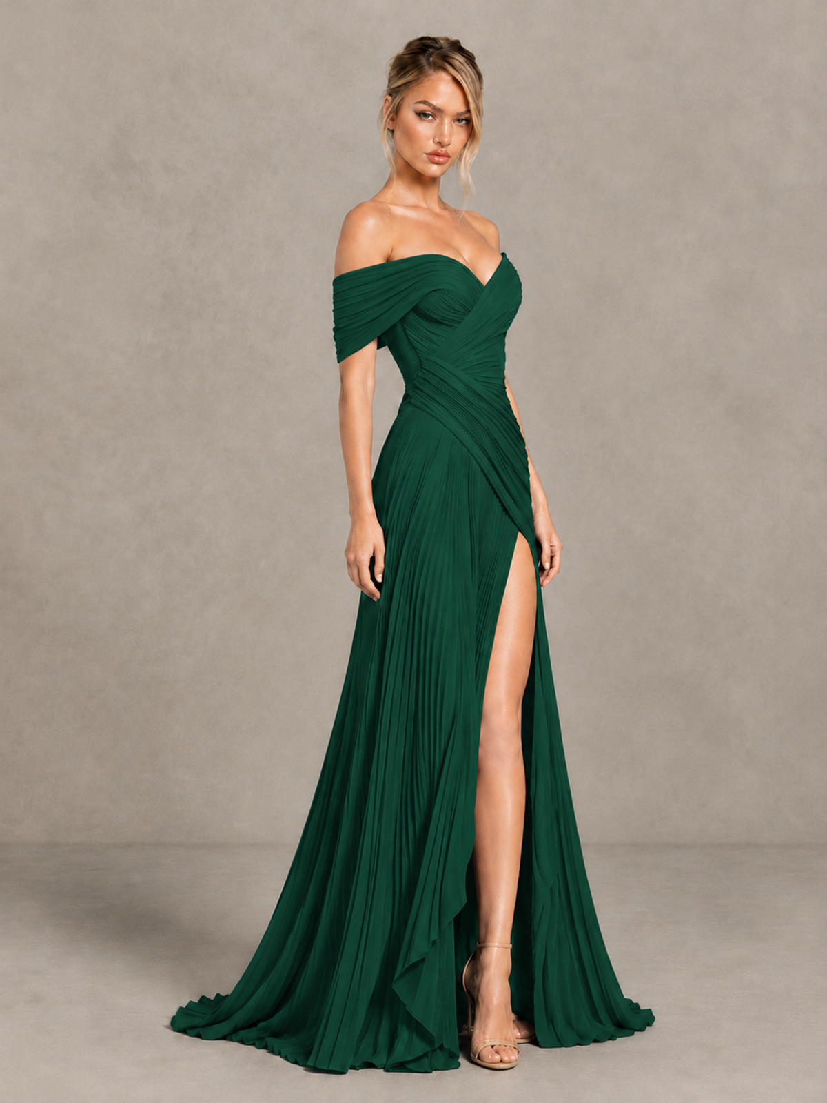 BOLODOO Emerald Green Off-Shoulder Ruched Pleated Maxi Dress with High Slit - Emerald Green - Emerald Green (3)