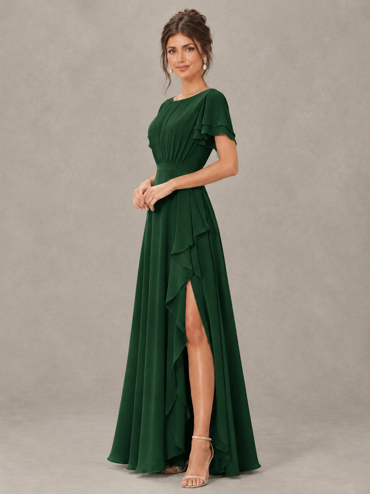 BOLODOO Emerald Green Flutter Sleeve Ruffle Bridesmaid Dress with Slit - Emerald Green - Emerald Green (3)