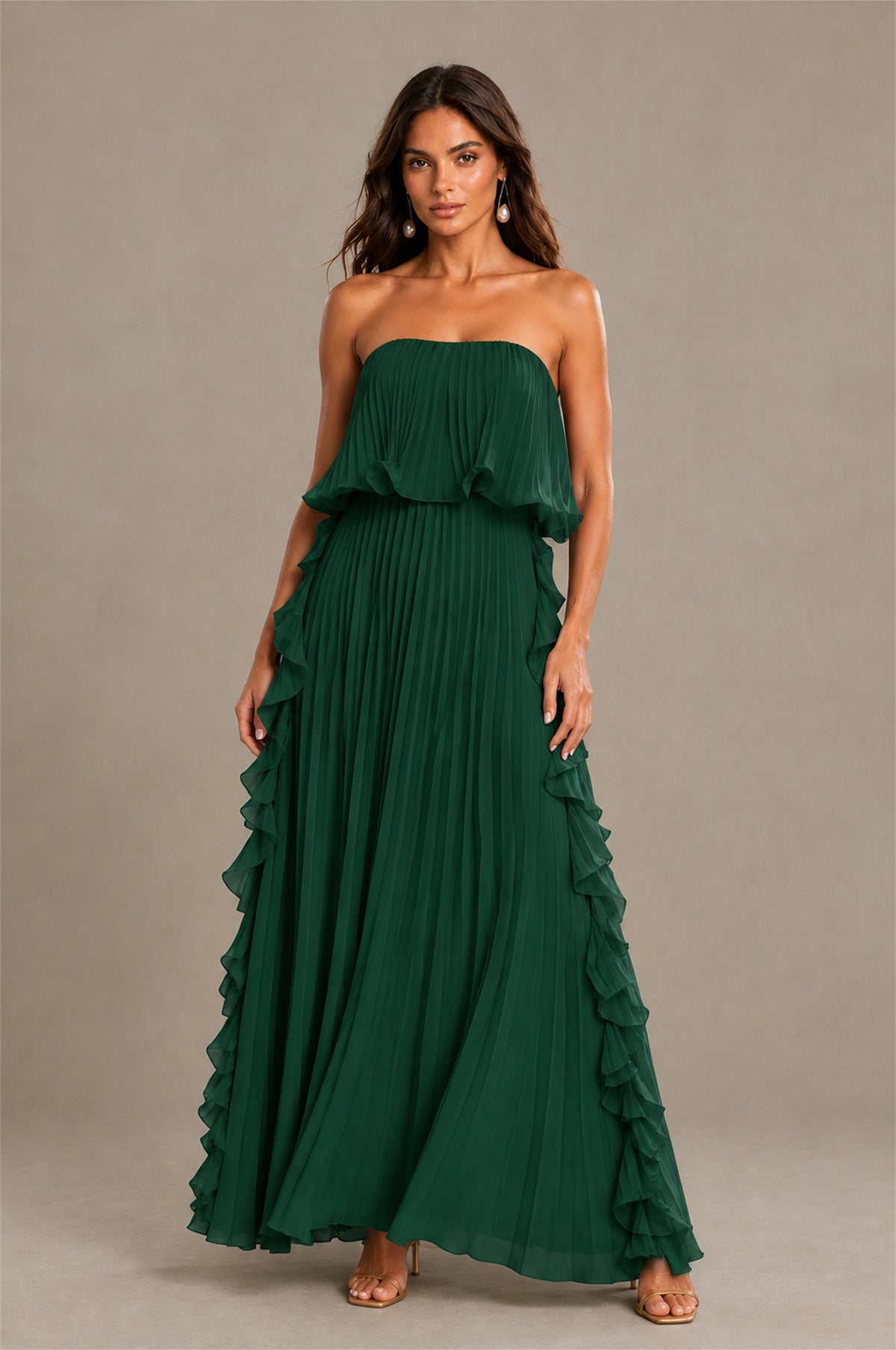 BOLODOO Emerald Green Strapless Ruffle Bodice Dual Cascading Ruffle Accordion Pleated Chiffon Maxi Dress - Emerald Green