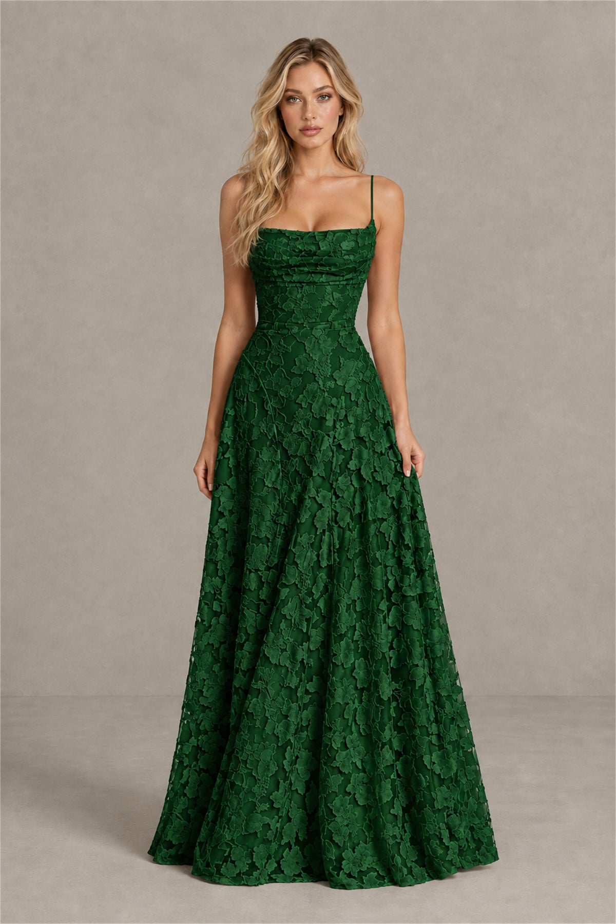 BOLODOO Emerald Green Floral Appliqué Lace-Up Back Maxi Dress - Emerald Green