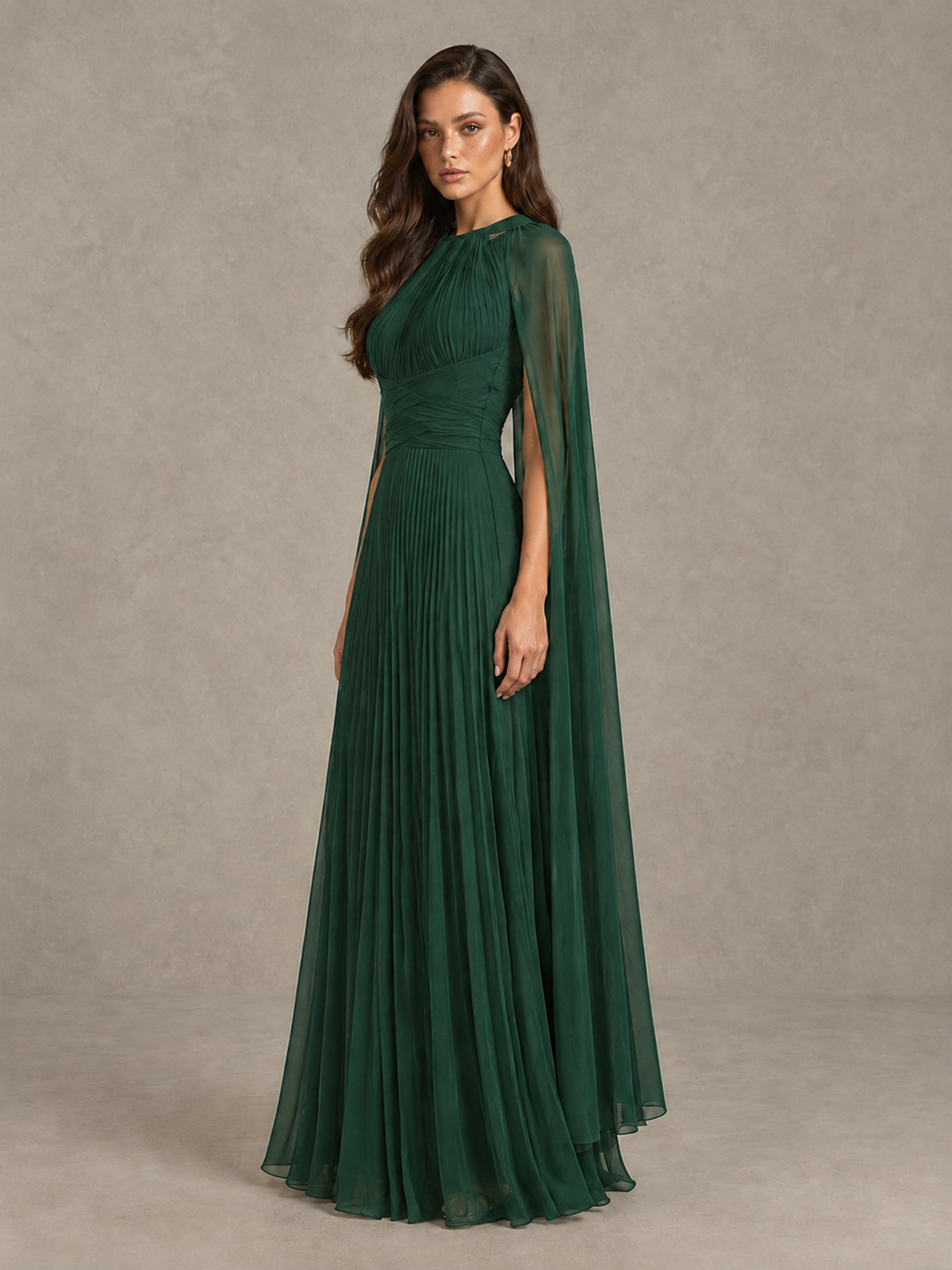 BOLODOO Emerald Green Pleated Cape Maxi Wedding Guest Dress - Emerald Green - Emerald Green (3)