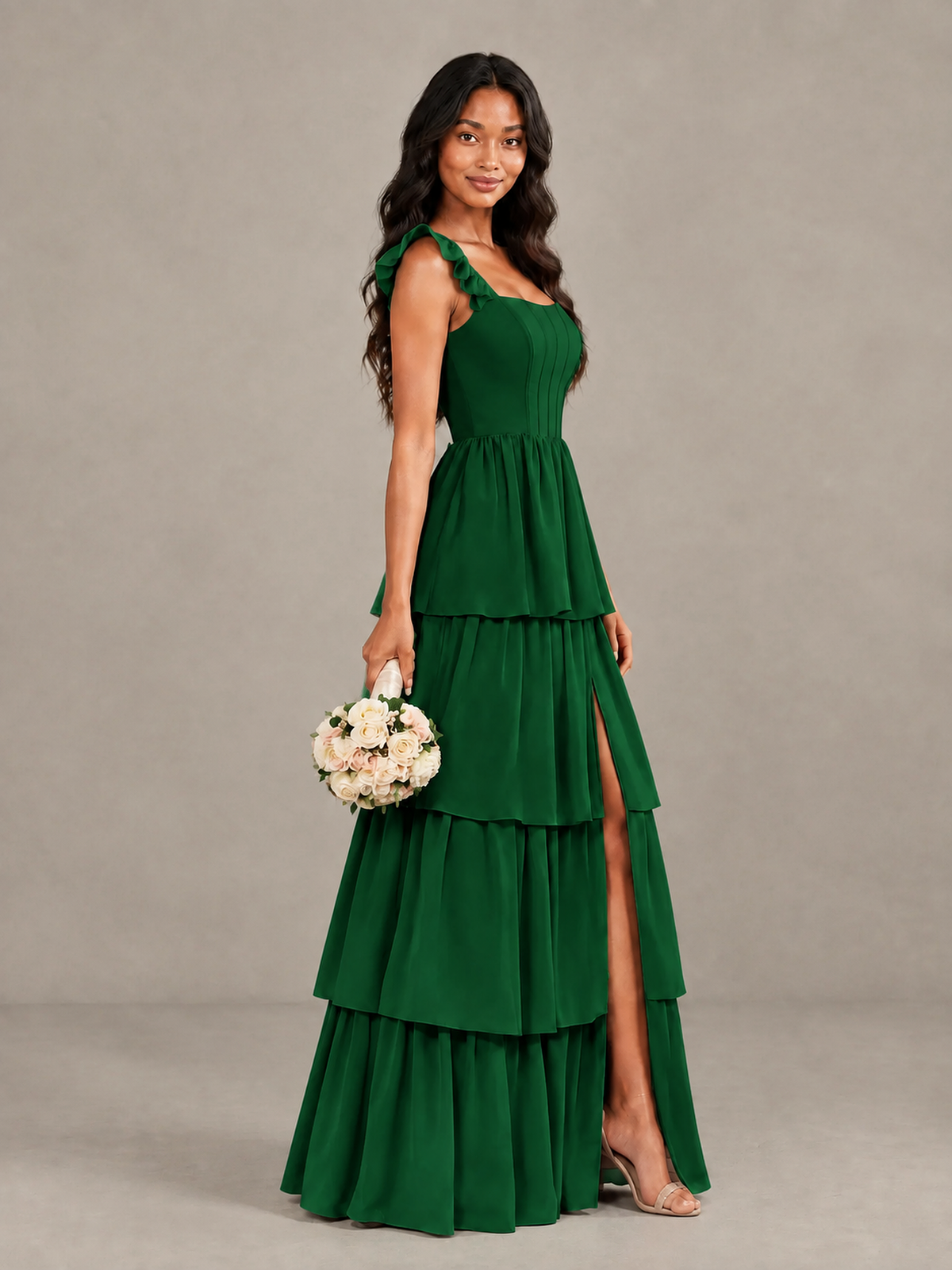 BOLODOO Emerald Green Tiered Maxi Bridesmaid Dress with Slit - Emerald Green