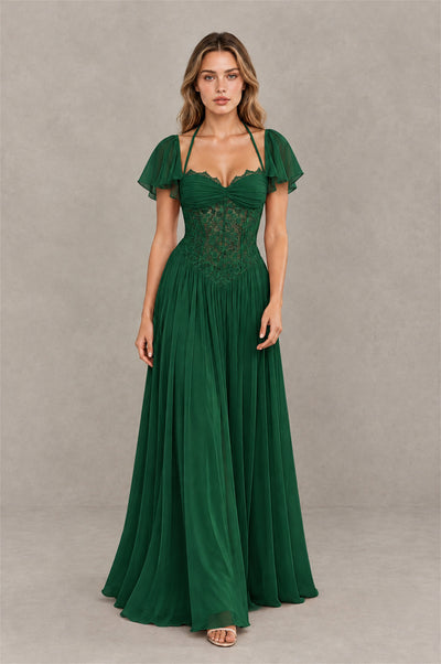 BOLODOO Emerald Green Flutter Sleeve Lace Corset A-Line Maxi Dress - Emerald Green - Emerald Green (3)