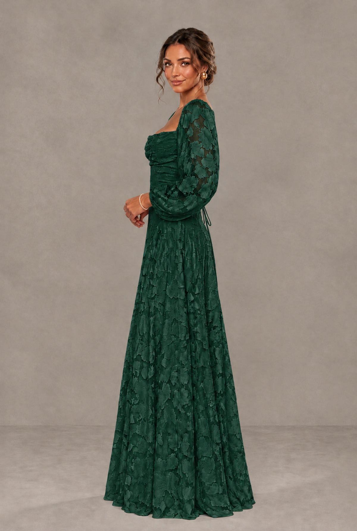 BOLODOO Floral Emerald Green Long Sleeve A-Line Dress with Lace-Up Back - Emerald Green