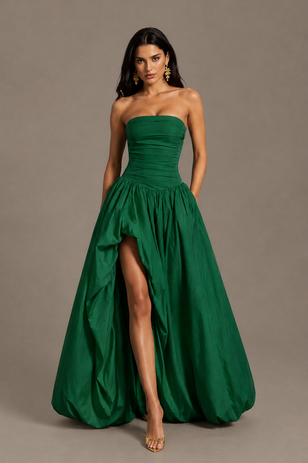 BOLODOO Emerald Green Strapless Ruched Corset Lace-Up Back Bubble Skirt High Slit Taffeta Maxi Dress - Emerald Green
