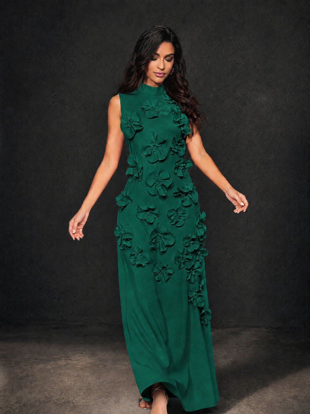 BOLODOO Emerald Green Mock Neck Sleeveless 3D Floral Appliqué Maxi Dress with Bow Back - Emerald Green