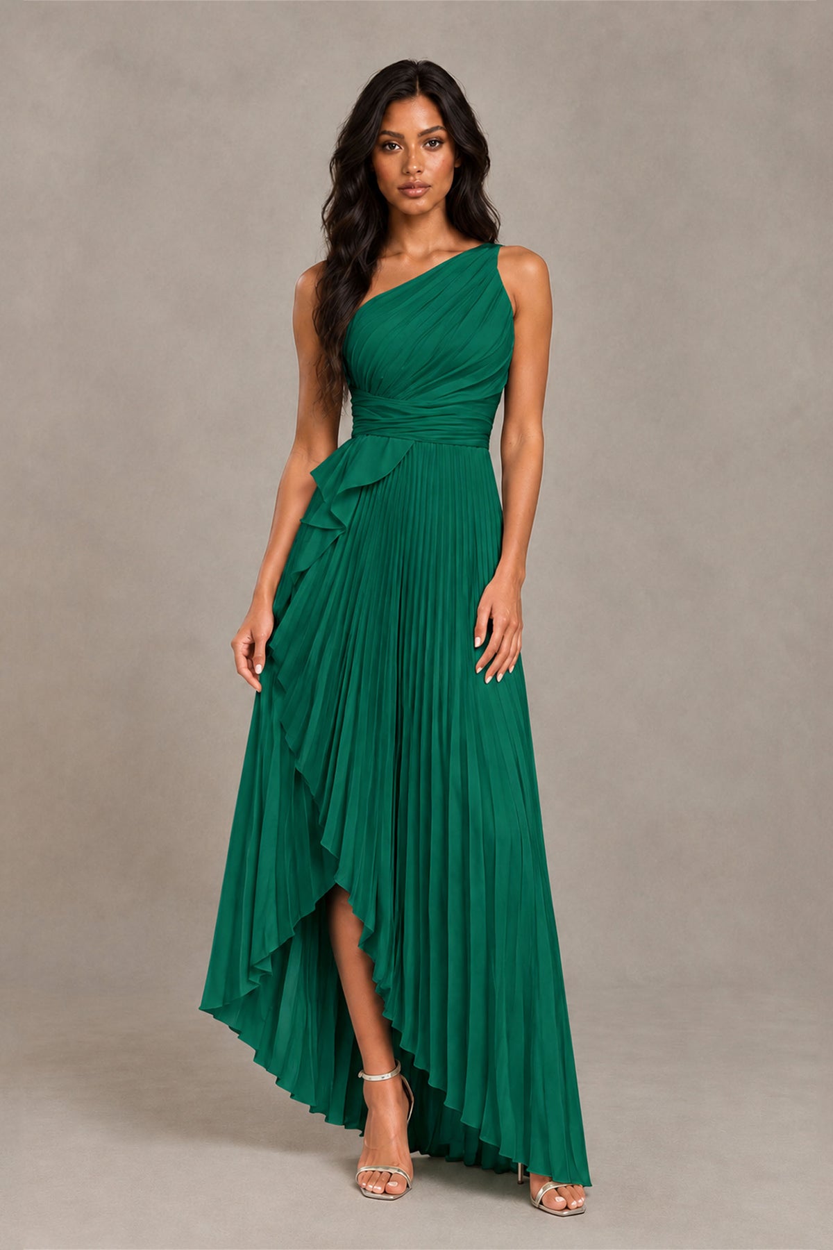 BOLODOO Emerald Green One-Shoulder High-Low Ruffle Maxi Dress - Emerald Green