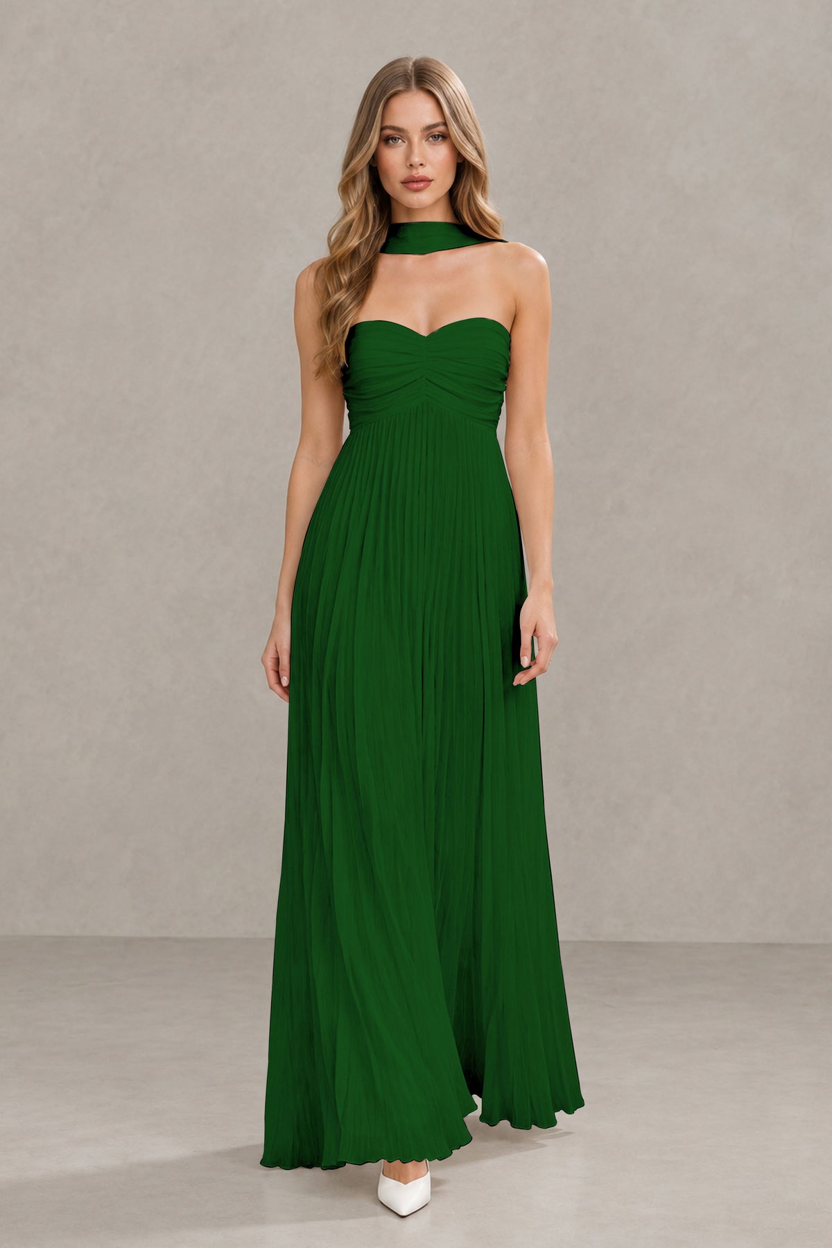 BOLODOO Emerald Green Strapless Chiffon-Look Maxi Dress with Lace-Up Back & Cape - Emerald Green