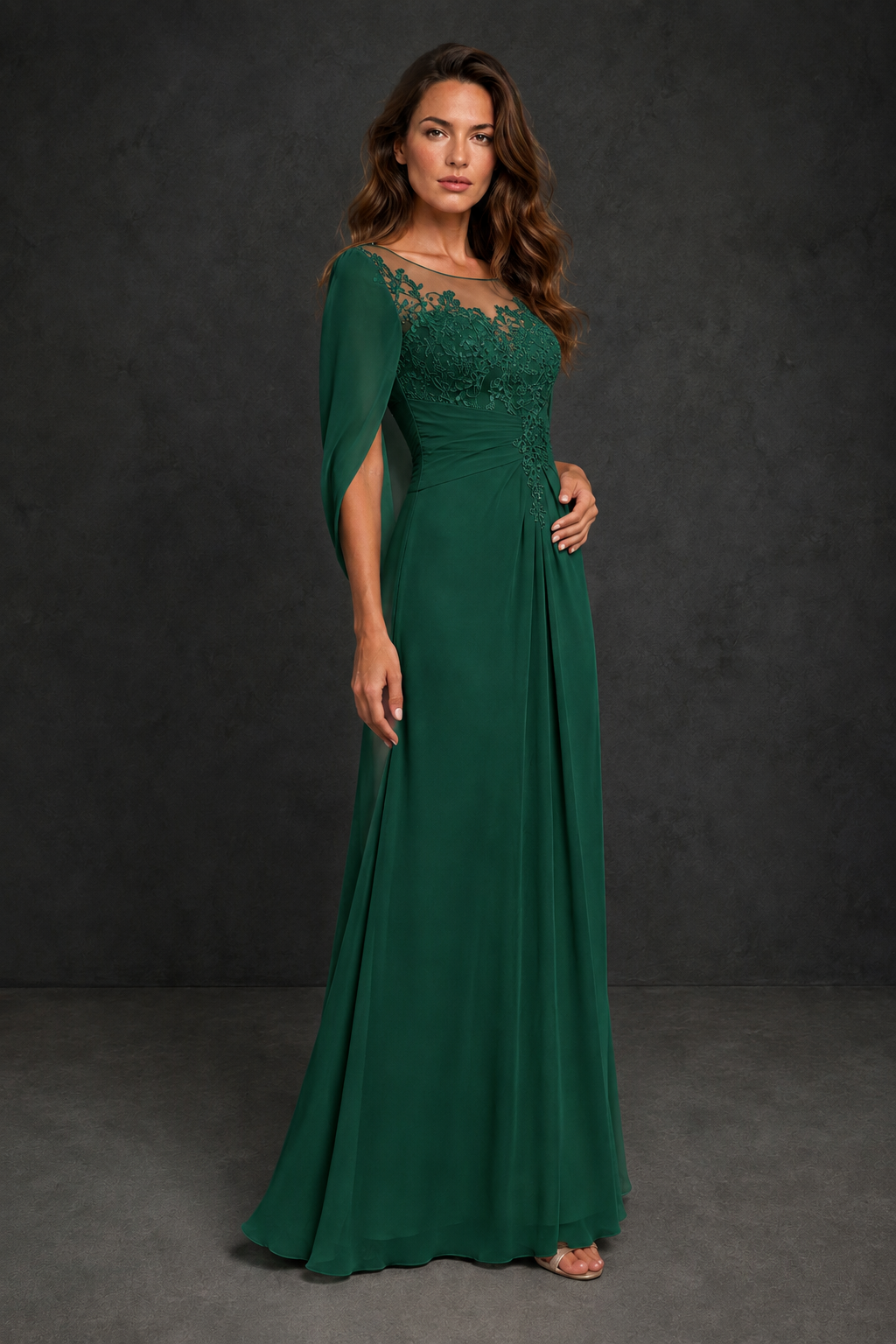 BOLODOO Emerald Green Illusion Lace One-Side Cape Sleeve Beaded Chiffon Floor Length Gown | Mother of the Bride Evening Dress - Emerald Green