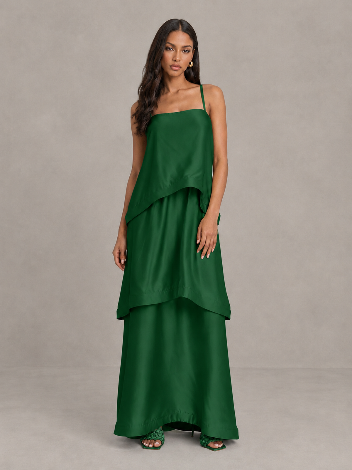 BOLODOO Emerald Green Satin Tiered Maxi Dress with Spaghetti Straps - Emerald Green
