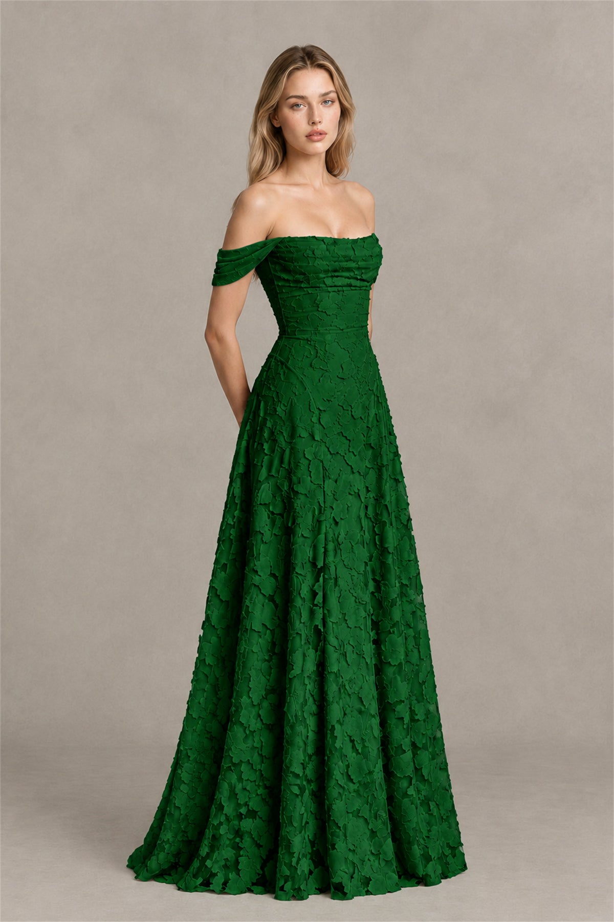 BOLODOO Emerald Green Off-Shoulder Pleated A-Line Maxi Dress Floral - Emerald Green
