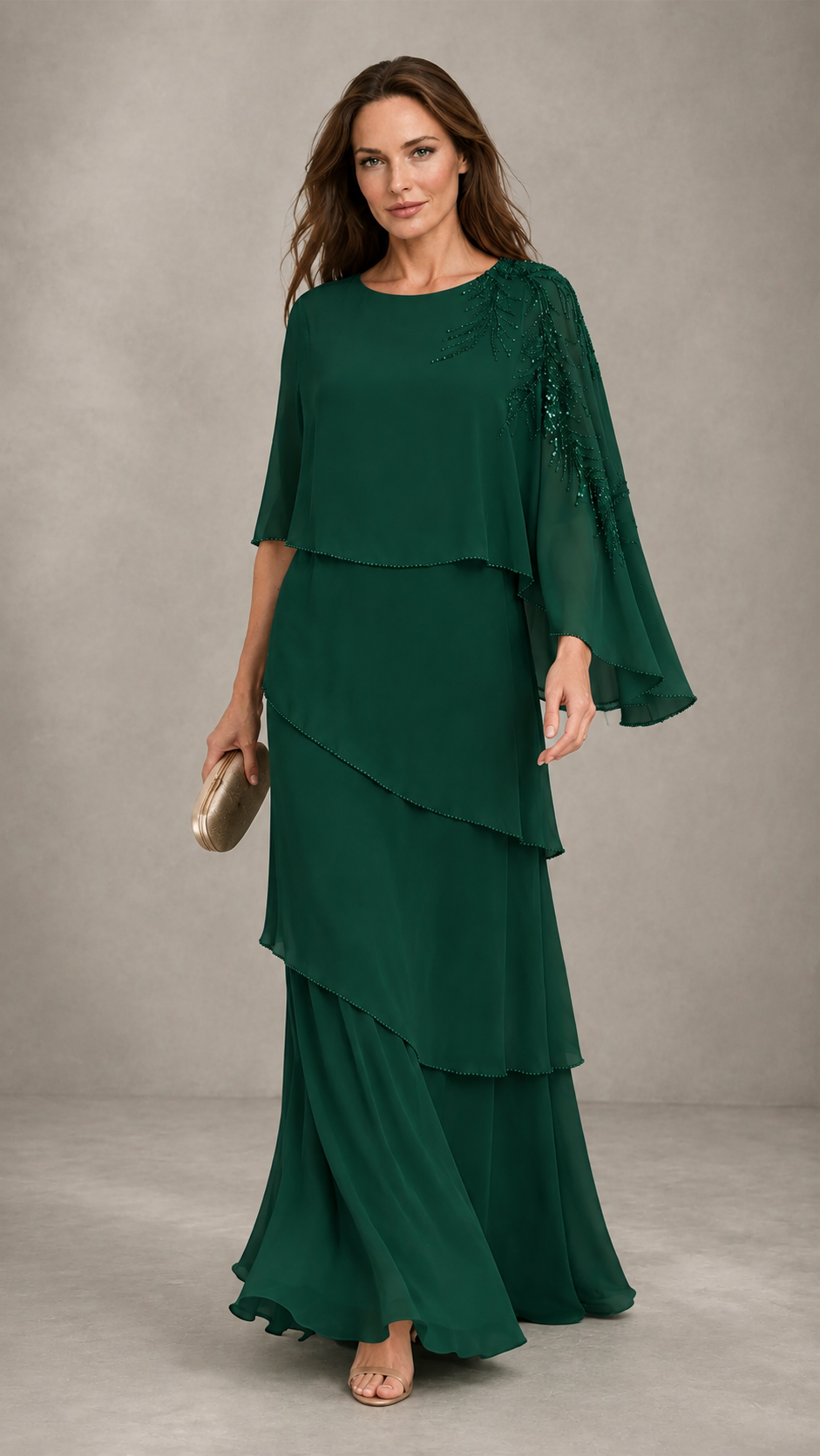 BOLODOO Emerald Green Mocha Asymmetric Cape Sleeve Emerald Green Sequin Embroidered Pearl Trim Tiered Chiffon Gown - Emerald Green