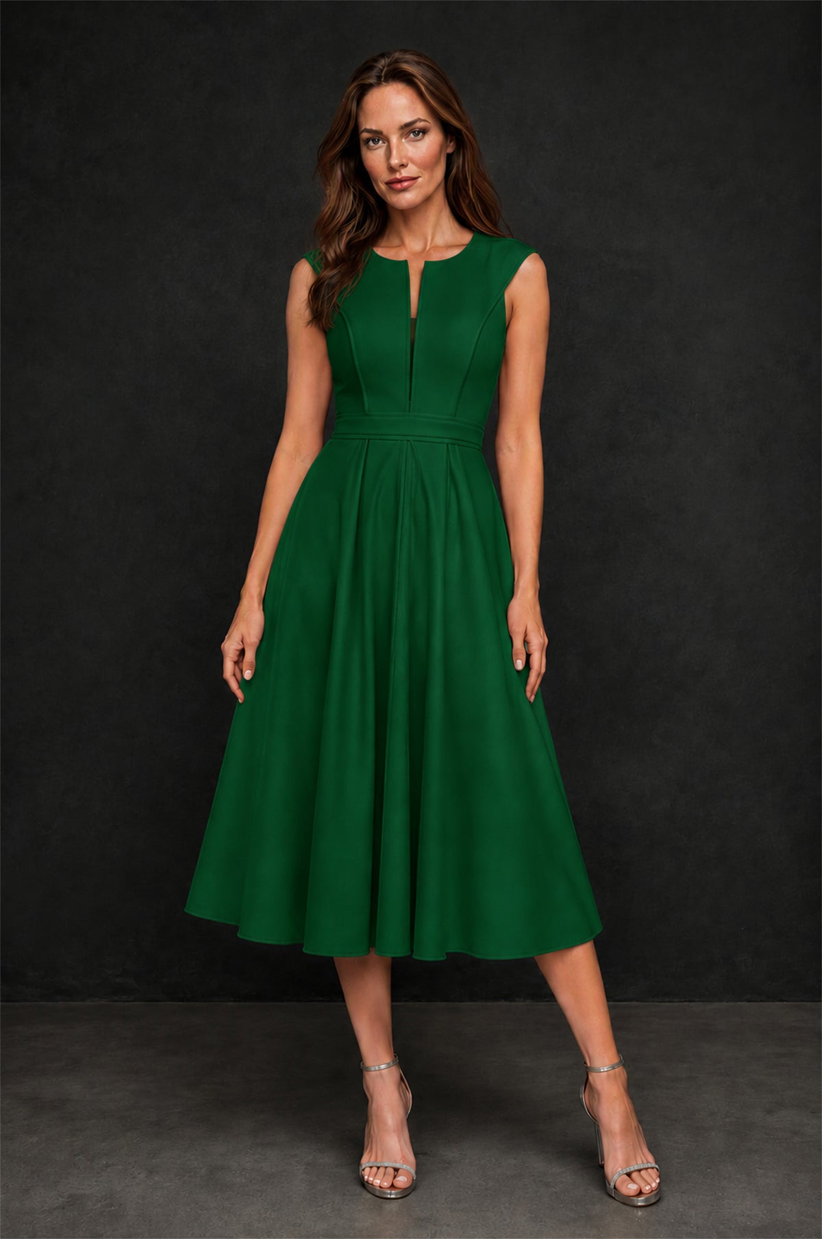 BOLODOO Emerald Green 3D Rosette Appliqué 3/4 Sleeve Jacket & V-Notch Sleeveless A-Line Tea-Length Two-Piece Dress Set - Emerald Green