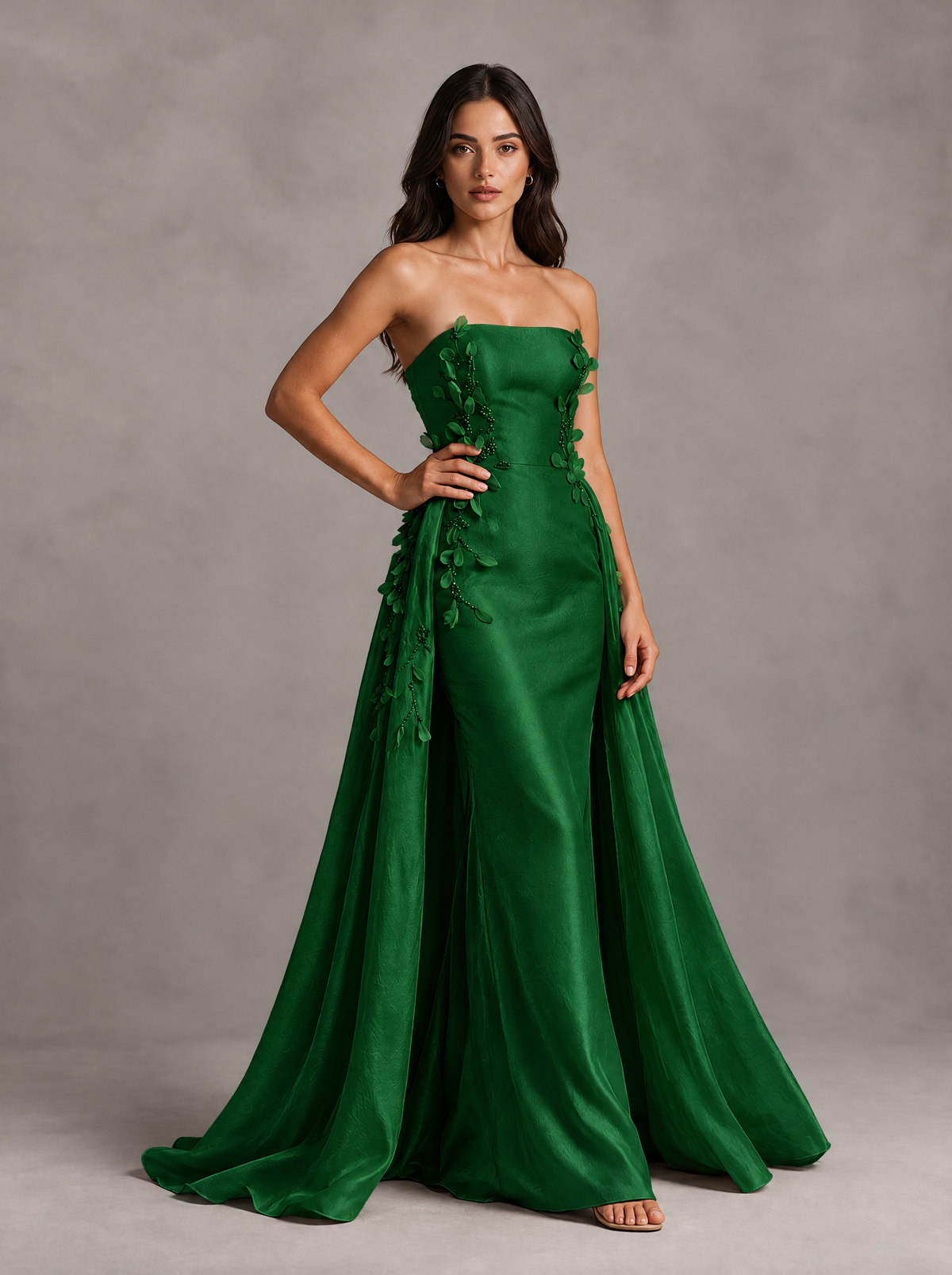 BOLODOO Emerald Green Strapless Floral Applique Prom Dress with Overskirt - Emerald Green - Emerald Green (3)