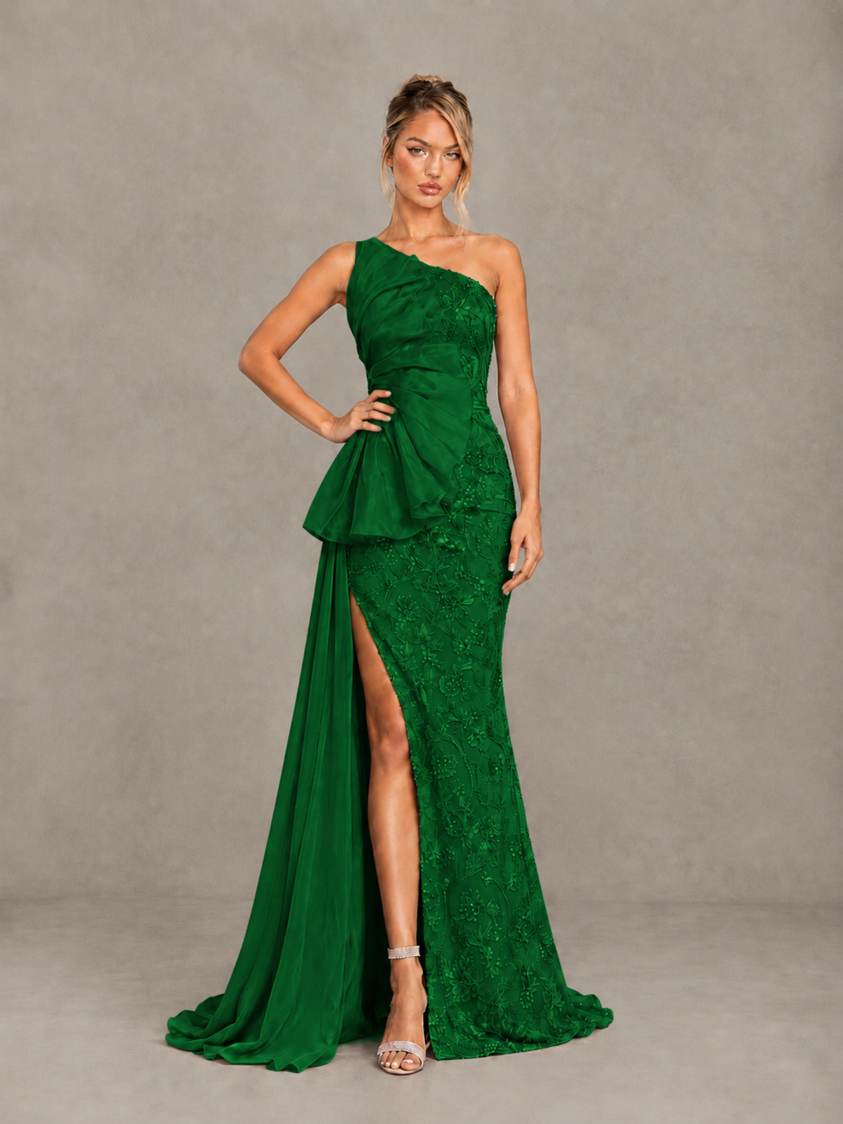 BOLODOO Emerald Green One-Shoulder Floral Lace Evening Gown with High Slit - Emerald Green - Emerald Green (3)