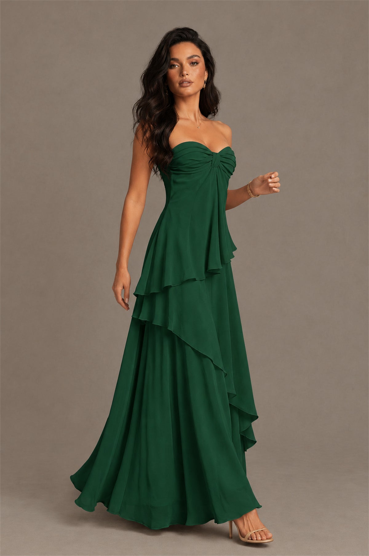 BOLODOO Emerald Green Strapless Sweetheart Knotted Chiffon Tiered Maxi Dress with Lace-Up Back - Emerald Green