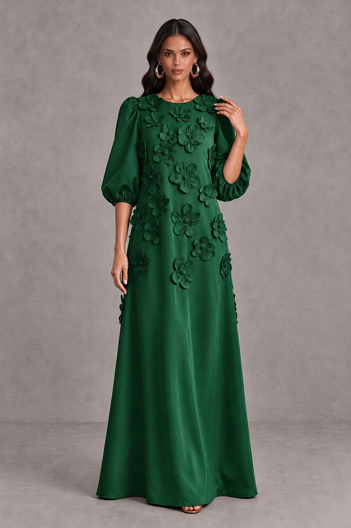 BOLODOO Emerald Green Floral Applique Puff Sleeve A-Line Evening Dress - Emerald Green - Emerald Green (3)
