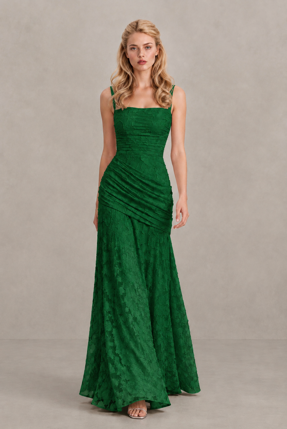 BOLODOO Emerald Green Ruched Floral Maxi Dress with Lace-Up Back - Emerald Green