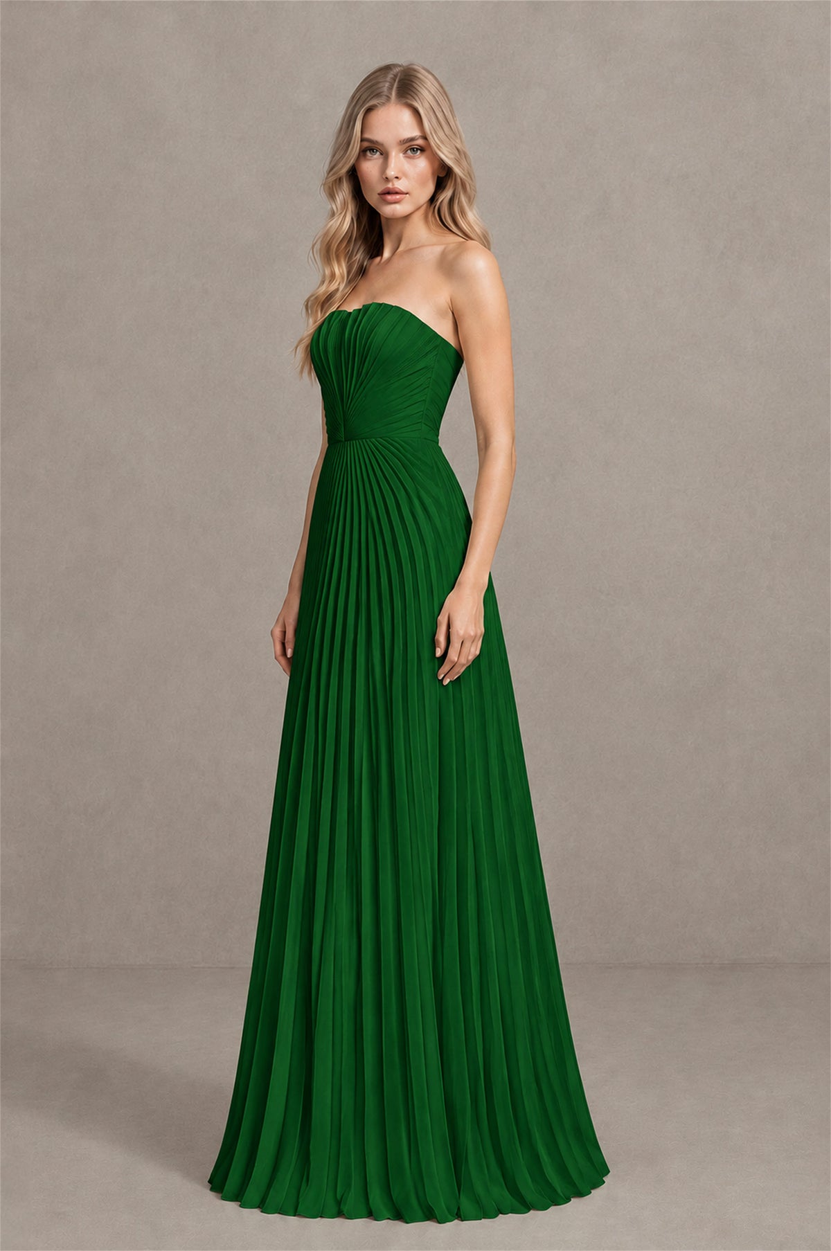 BOLODOO Emerald Green Strapless Sunburst Pleated Twisted Knot Lace-Up Back Accordion Pleated Chiffon Maxi Dress - Emerald Green