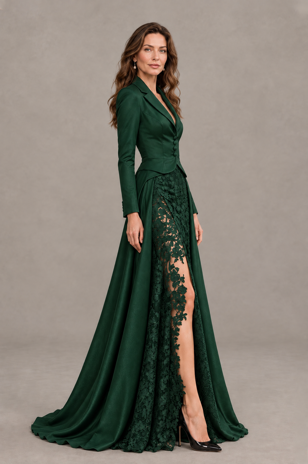 BOLODOO Emerald Green Long Sleeve Lace Blazer Gown with High Slit - Emerald Green - Emerald Green (3)