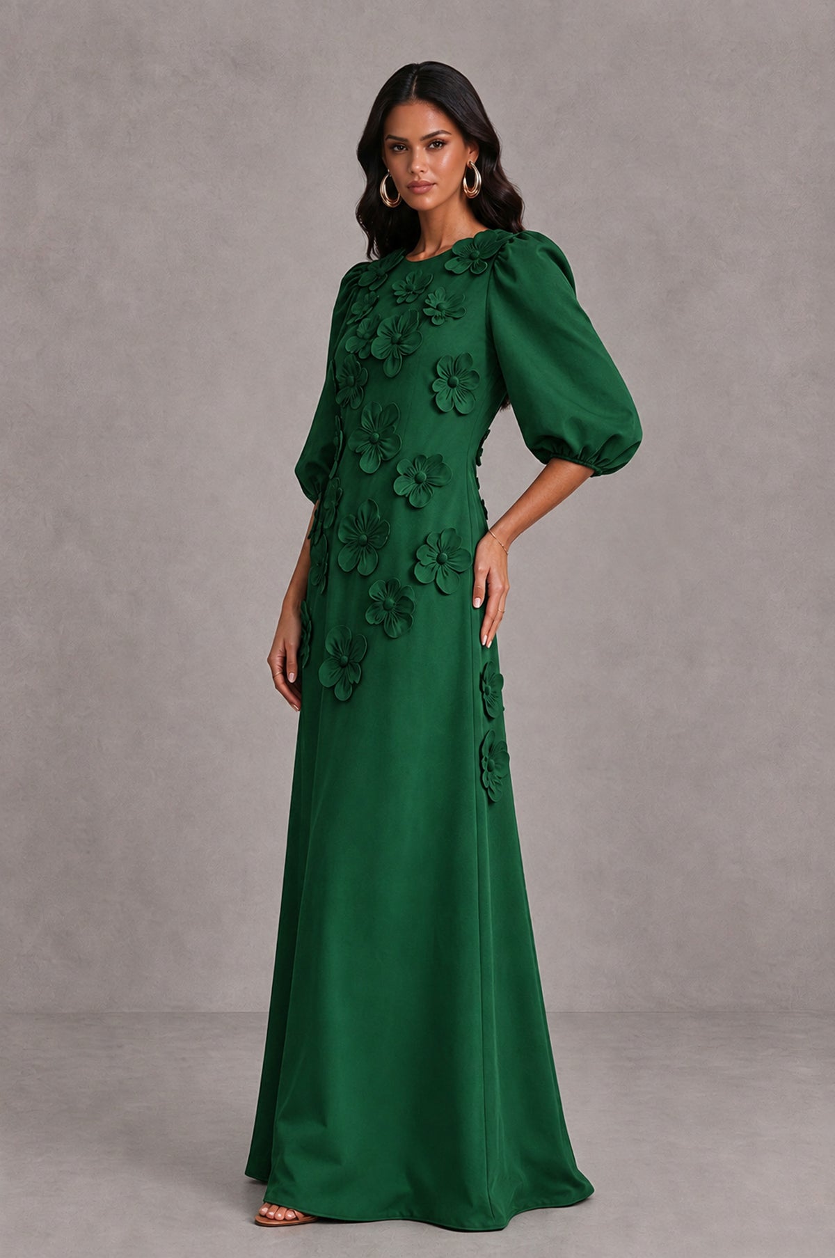 BOLODOO Emerald Green Floral Applique Puff Sleeve A-Line Evening Dress - Emerald Green - Emerald Green (4)