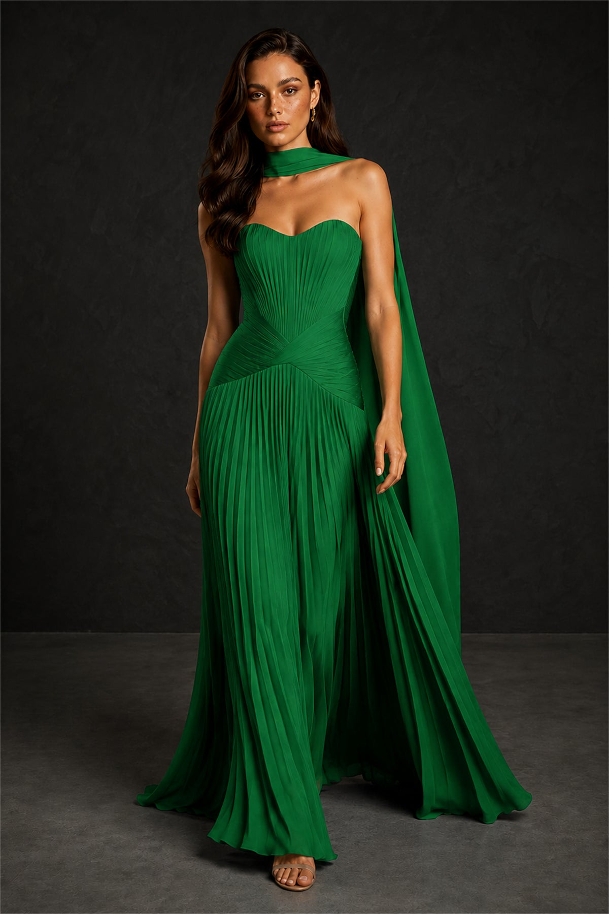 BOLODOO Emerald Green Sweetheart Strapless Neck Scarf Pleated Backless A-Line Chiffon Maxi Dress - Emerald Green