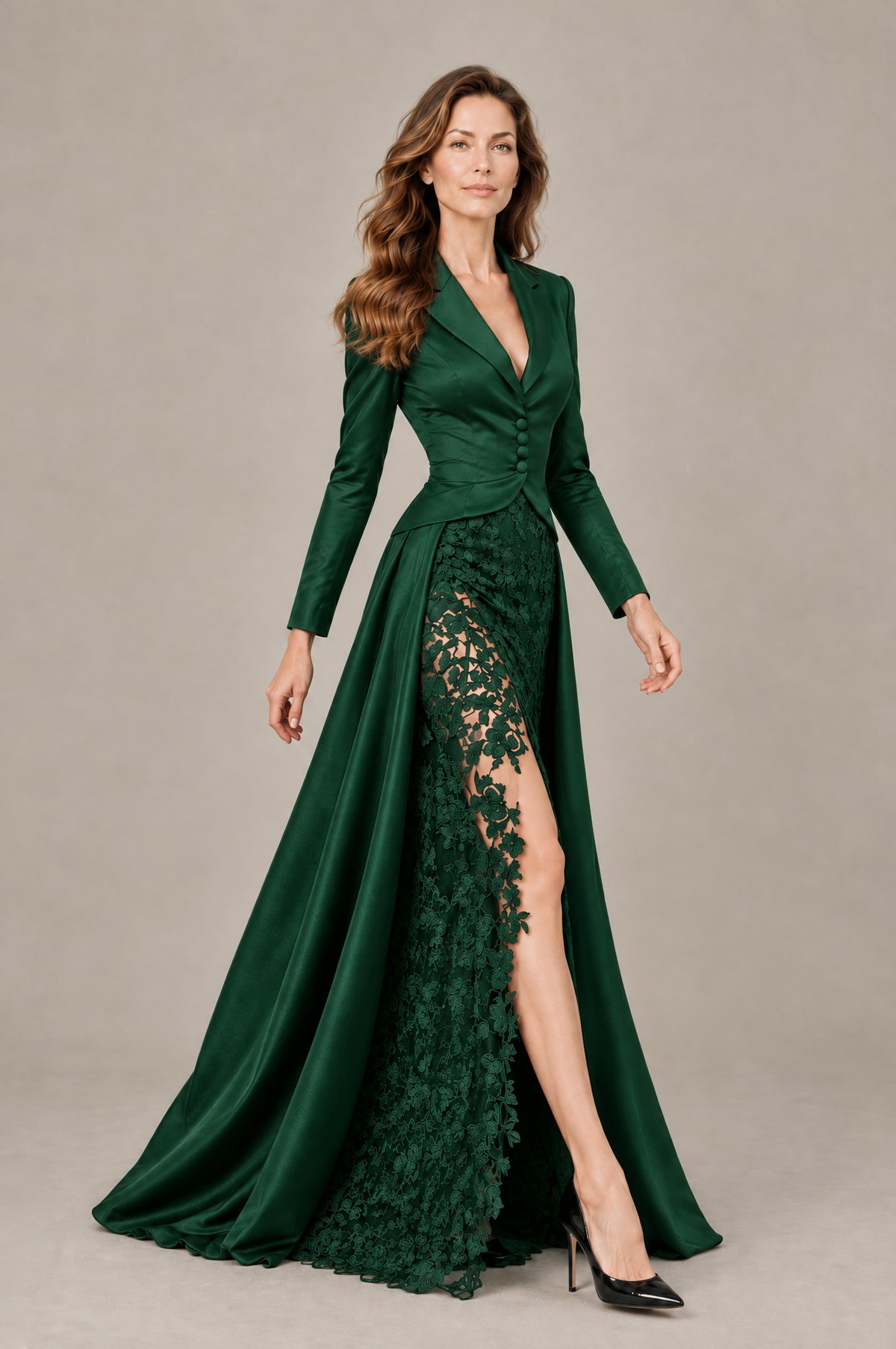 BOLODOO Emerald Green Long Sleeve Lace Blazer Gown with High Slit - Emerald Green - Emerald Green (44)