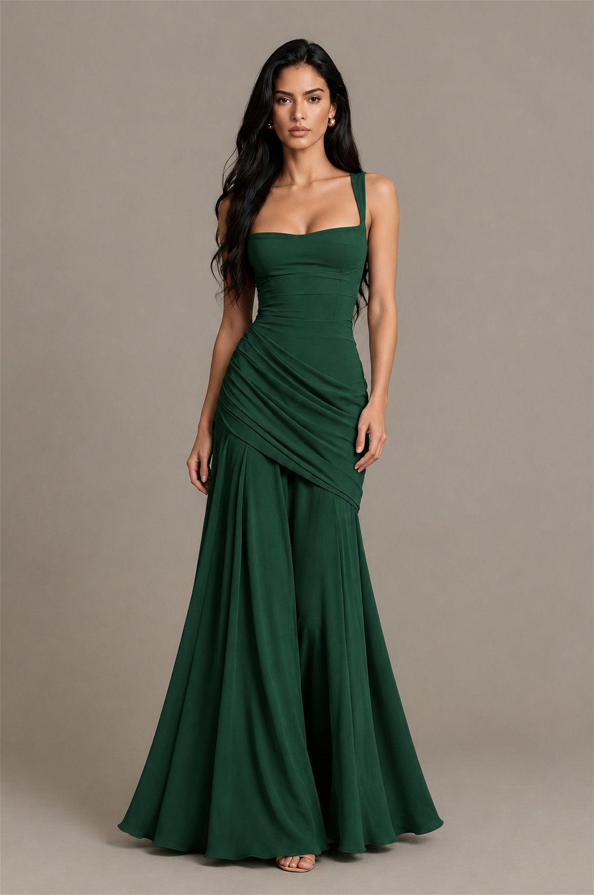 BOLODOO Square Neck Ruched A-Line Maxi Dress - Emerald Green Backless Evening Gown - Emerald Green