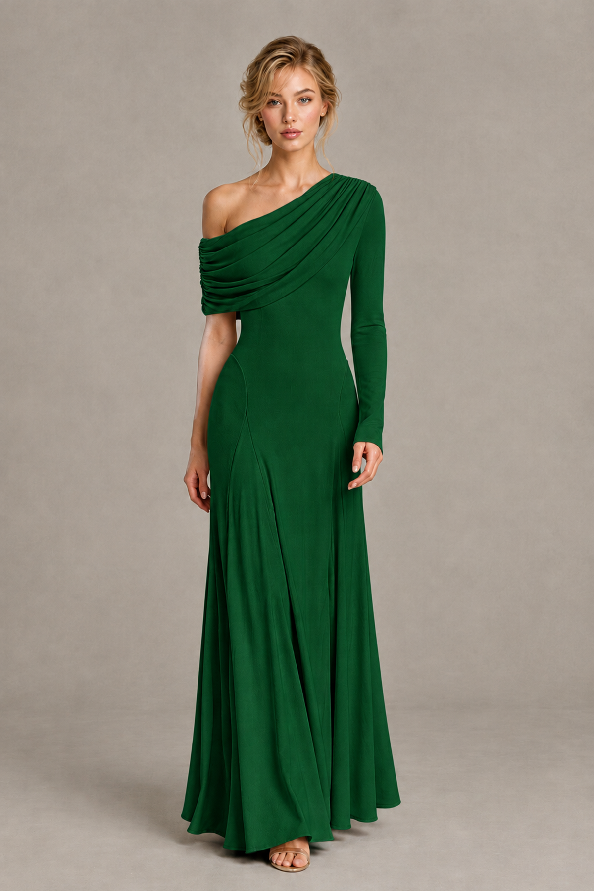 BOLODOO Emerald Green Asymmetric Draped Long Sleeve Evening Gown - Emerald Green