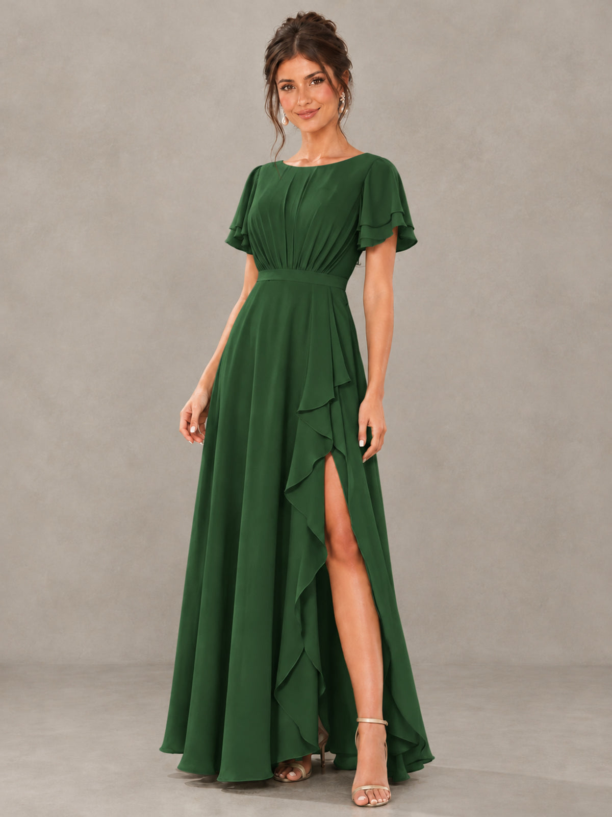 BOLODOO Emerald Green Flutter Sleeve Ruffle Bridesmaid Dress with Slit - Emerald Green - Emerald Green (4)