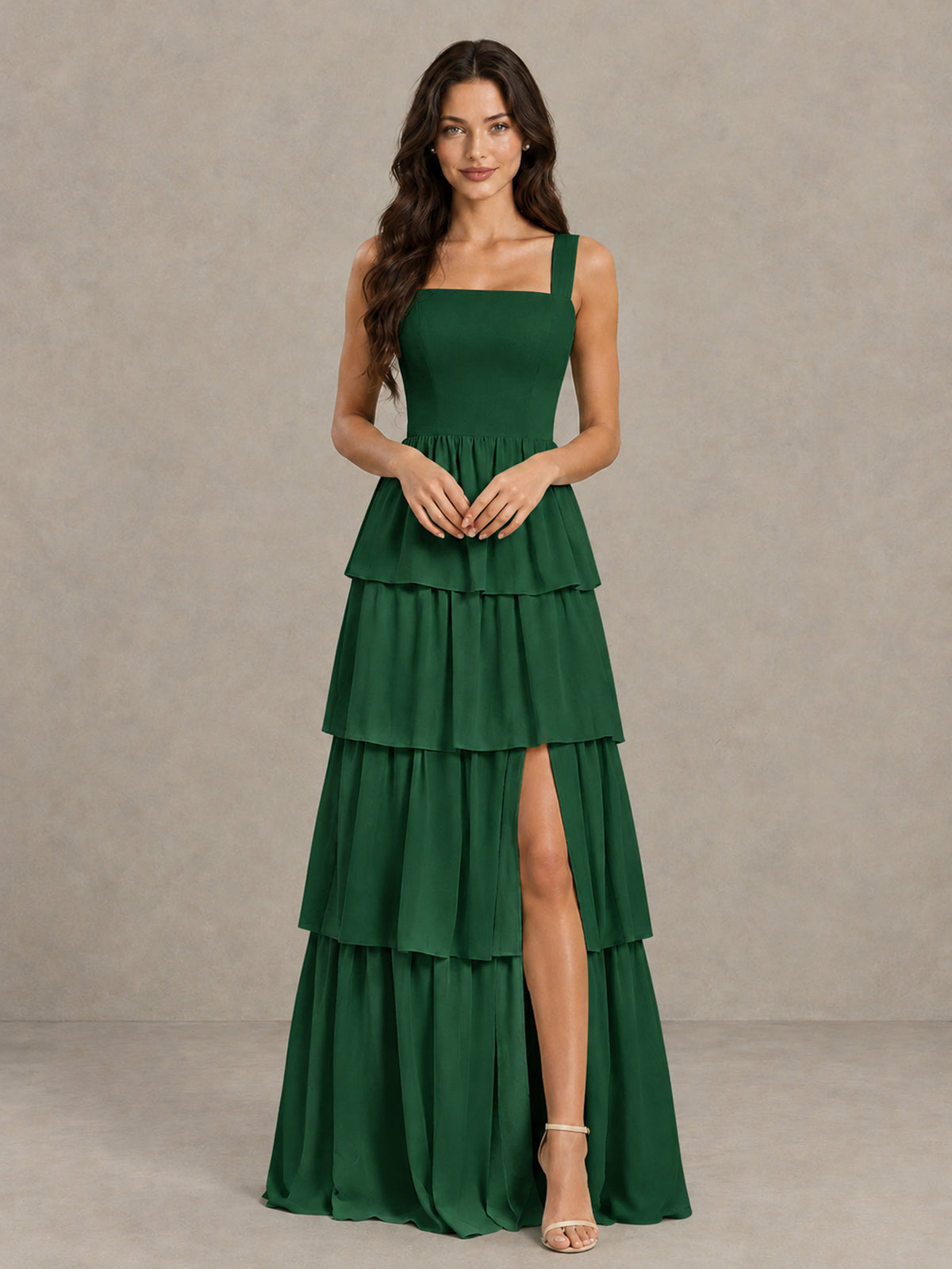 BOLODOO Emerald Green Square Neck Tiered Bridesmaid Dress with Slit - Emerald Green - Emerald Green (4)