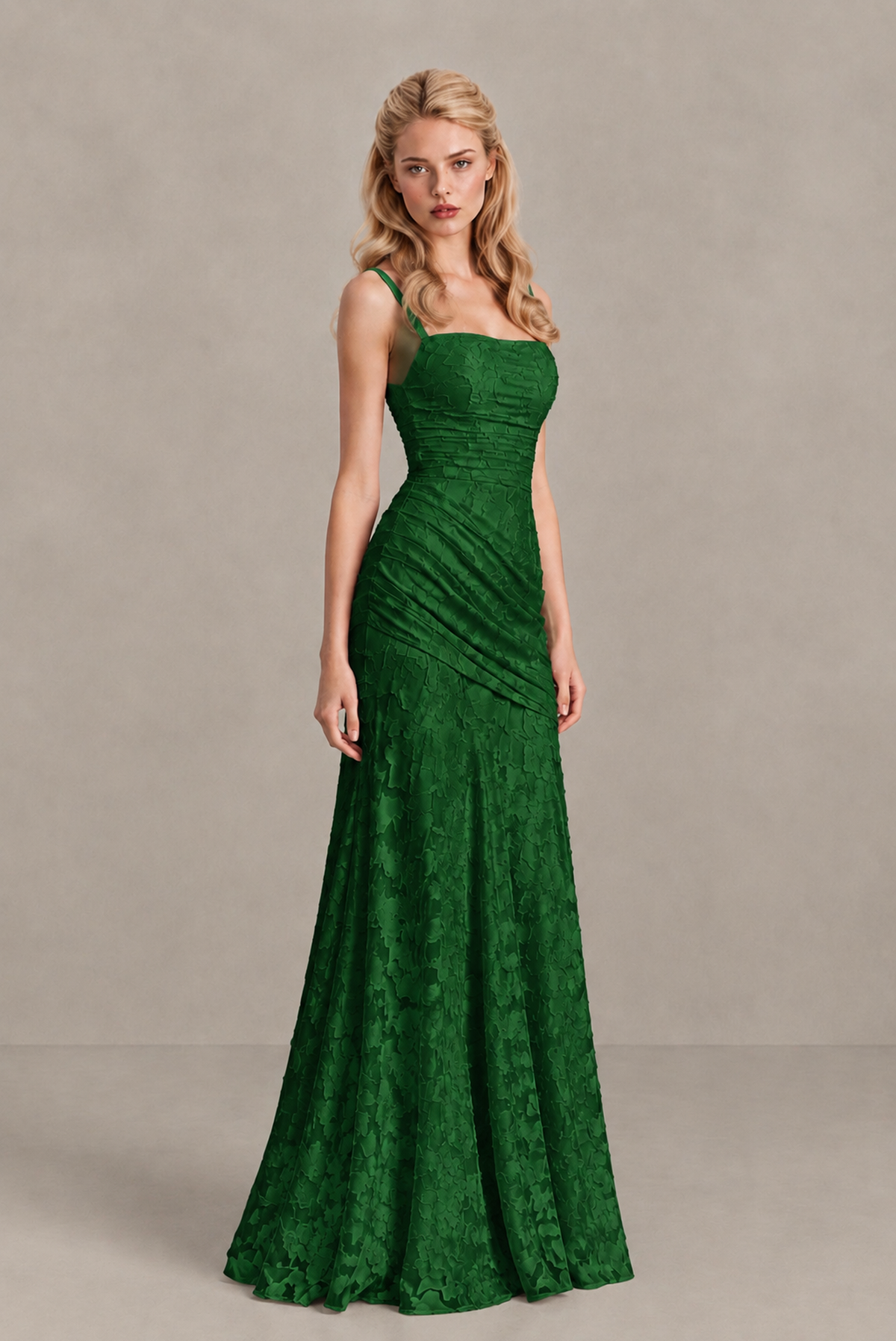 BOLODOO Emerald Green Ruched Floral Maxi Dress with Lace-Up Back - Emerald Green