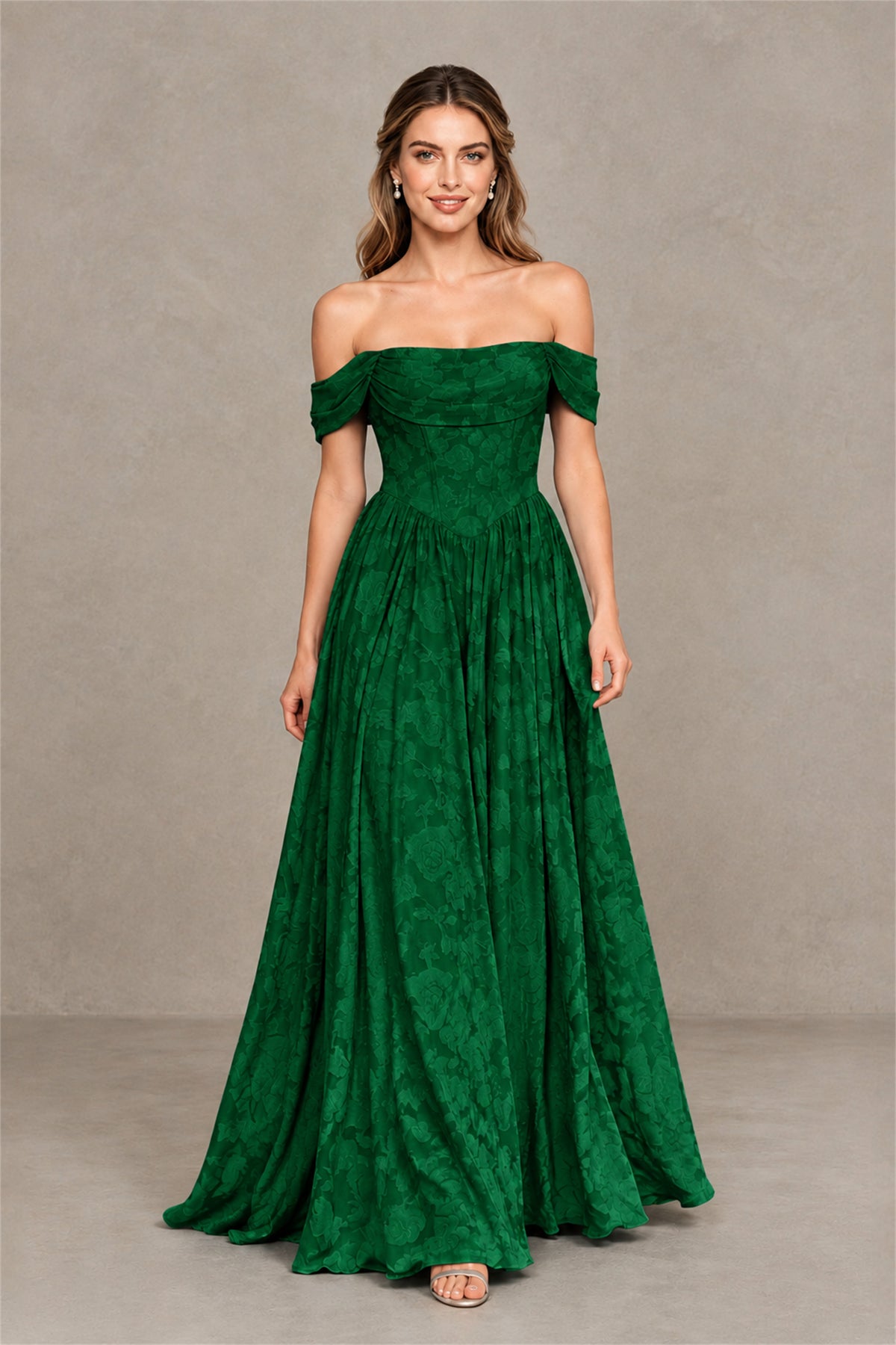 BOLODOO Emerald Green Off-Shoulder Floral A-Line Maxi Dress - Emerald Green
