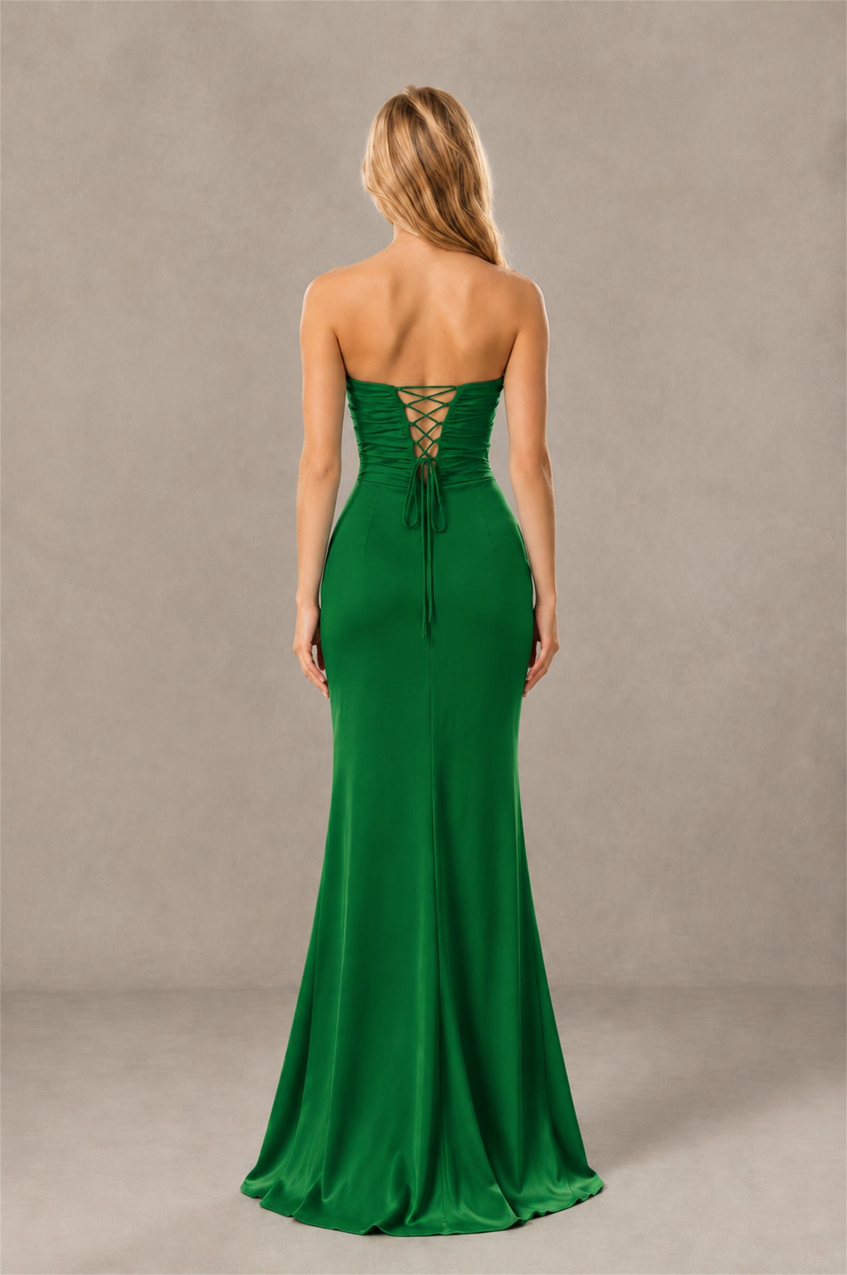 BOLODOO Emerald Green Sweetheart Strapless Twist Knot Cutout Lace-Up Back Satin Mermaid Maxi Dress - Emerald Green - Emerald Green (4)