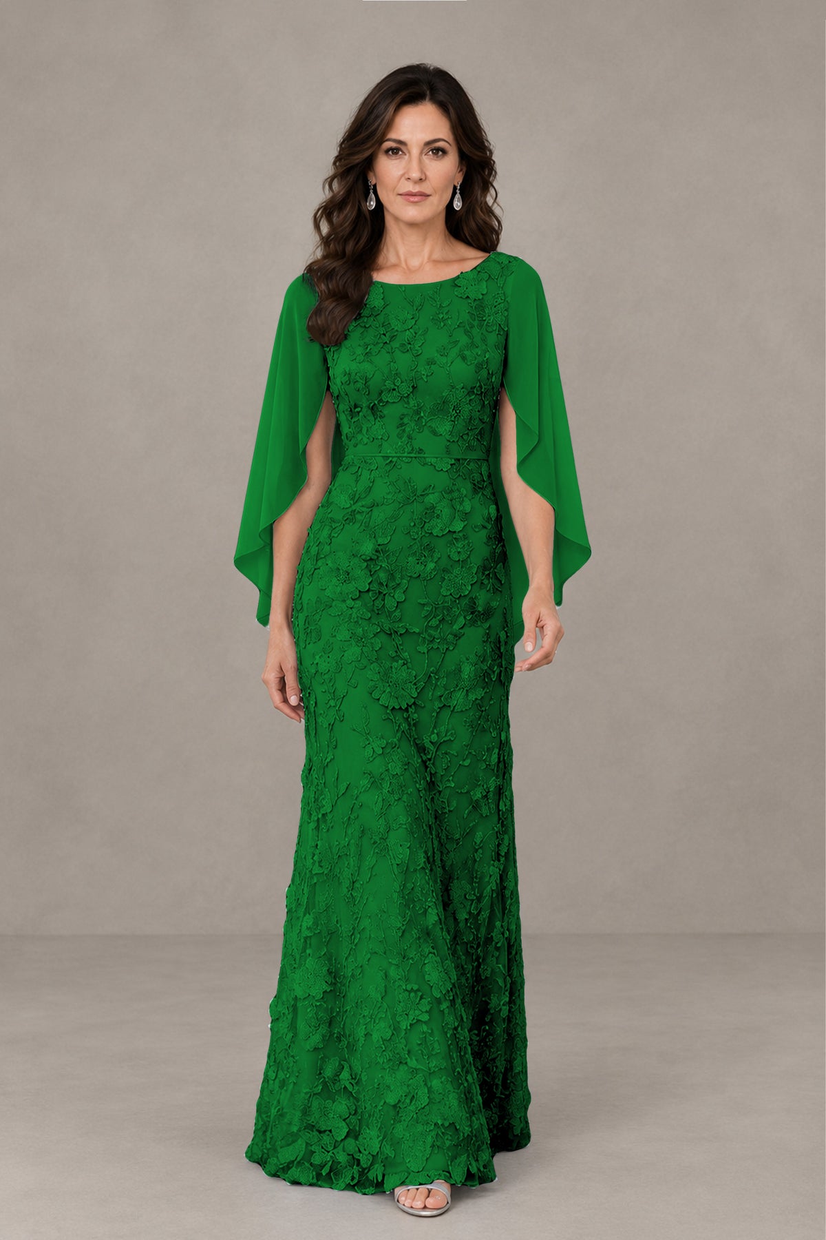 BOLODOO Emerald Green Lace Mother of the Bride Dress with Cape Sleeves - Emerald Green