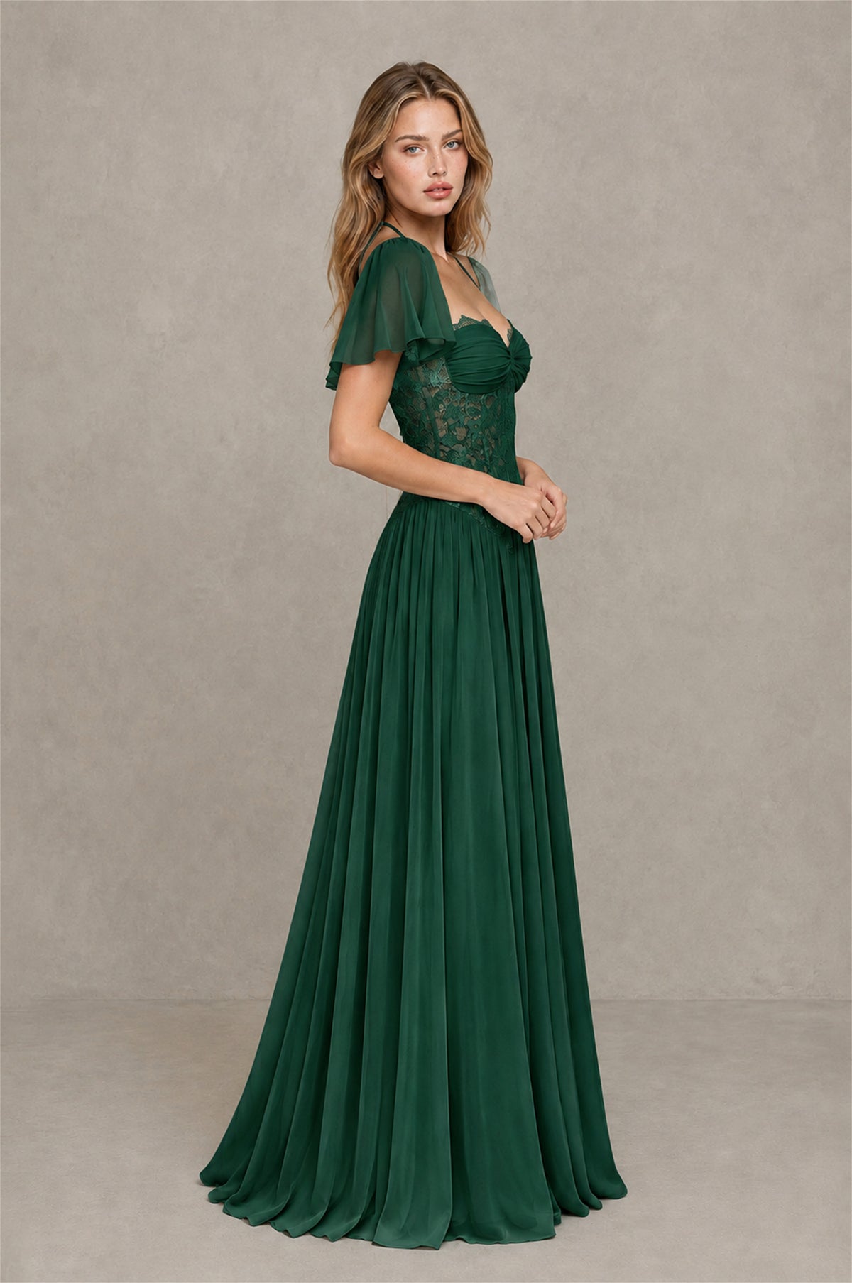 BOLODOO Emerald Green Flutter Sleeve Lace Corset A-Line Maxi Dress - Emerald Green - Emerald Green (4)