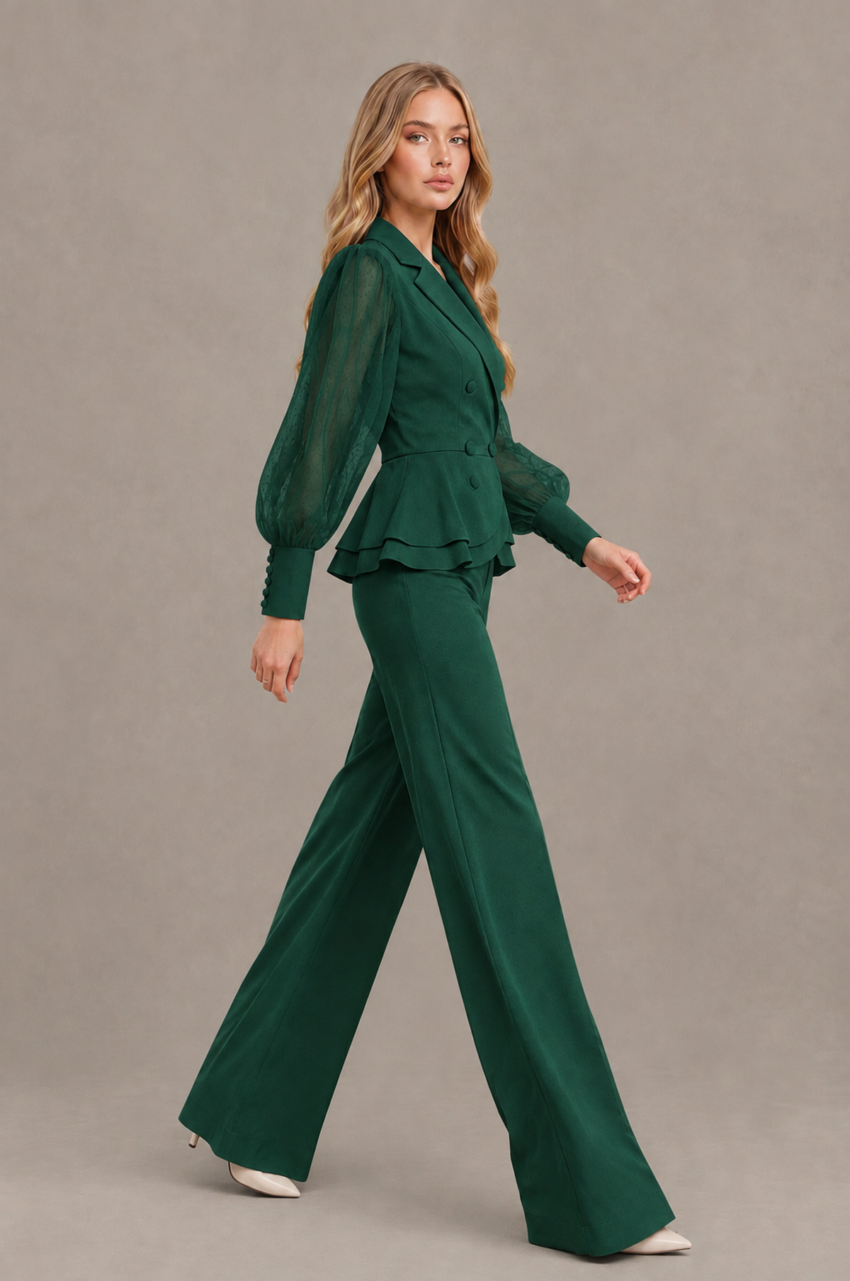 BOLODOO Mint Emerald Green Peplum Blazer Wide-Leg Pantsuit with Sheer Puff Sleeves - Emerald Green