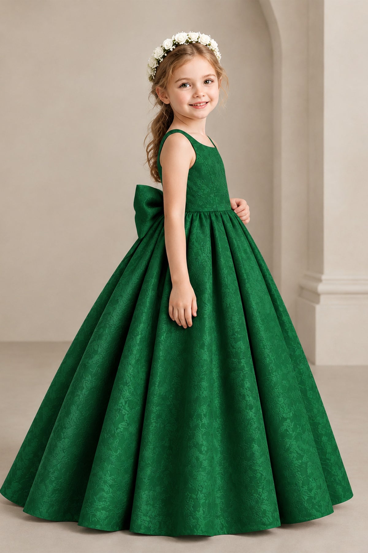 BOLODOO Emerald Green Girls' A-Line Flower Girl Dress with Back Bow - Emerald Green