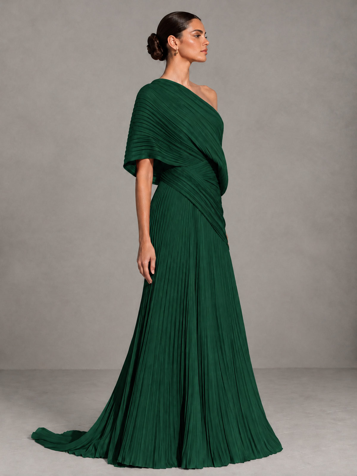 BOLODOO Emerald Green One-Shoulder Pleated Cape Evening Gown with Train - Emerald Green - Emerald Green (4)