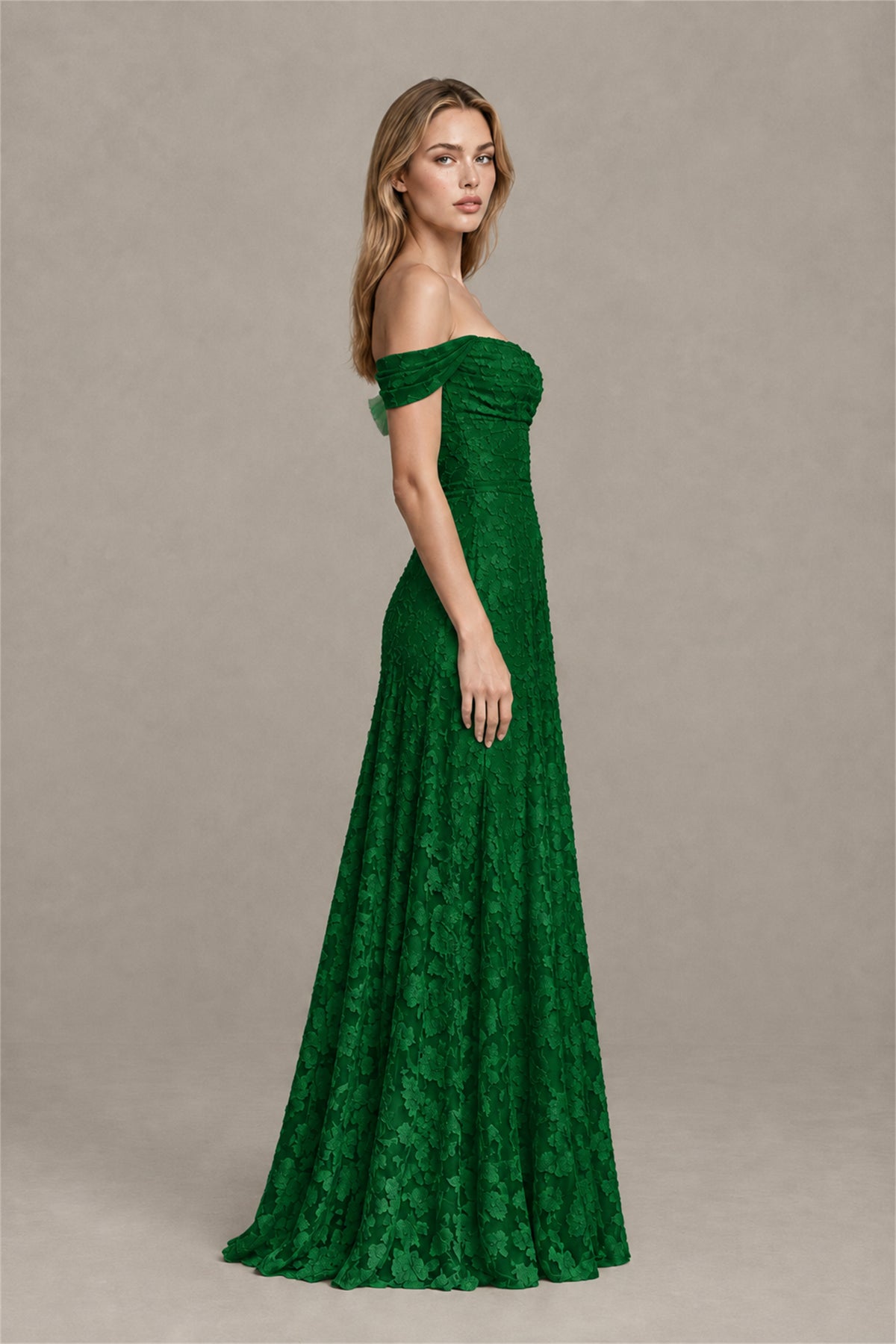 BOLODOO Emerald Green Off-Shoulder Pleated A-Line Maxi Dress Floral - Emerald Green