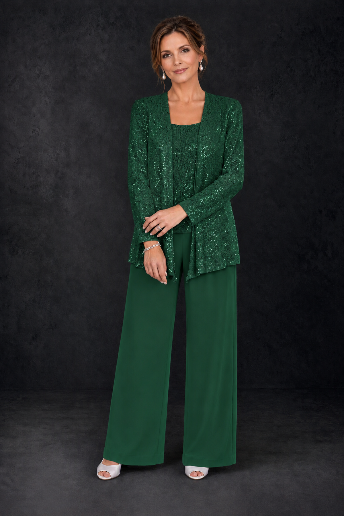 BOLODOO Emerald Green Sequin Lace 3-Piece Pant Suit with Long Sleeve Jacket - Emerald Green - Emerald Green (4)