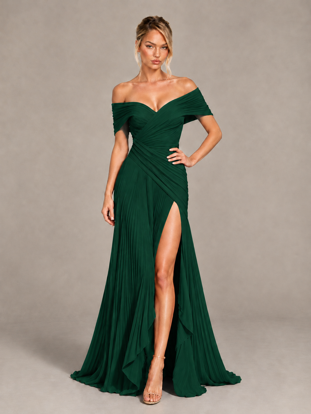 BOLODOO Emerald Green Off-Shoulder Ruched Pleated Maxi Dress with High Slit - Emerald Green - Emerald Green (4)