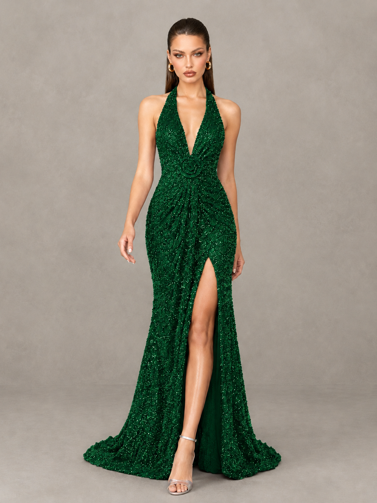 BOLODOO Emerald Green Sequin Halter Open Back Evening Gown with High Slit - Emerald Green - Emerald Green (4)