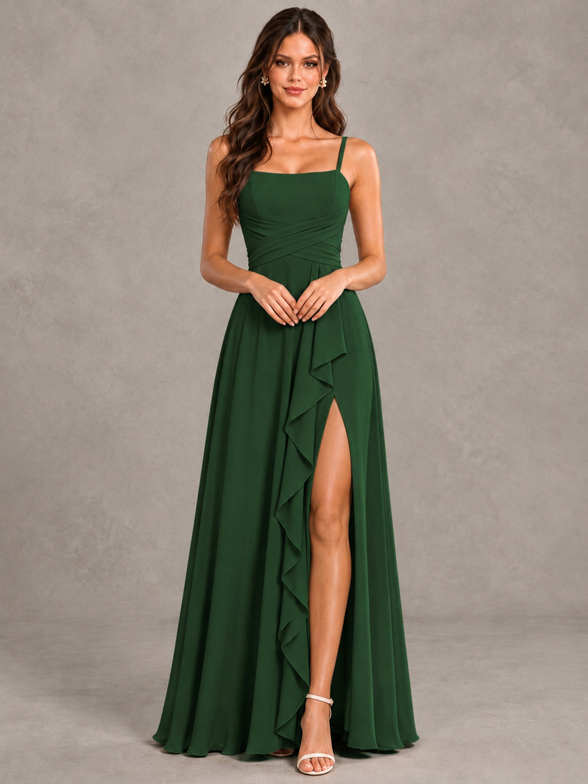 BOLODOO Emerald Green Spaghetti Strap Ruffle Bridesmaid Dress with Slit - Emerald Green - Emerald Green (4)
