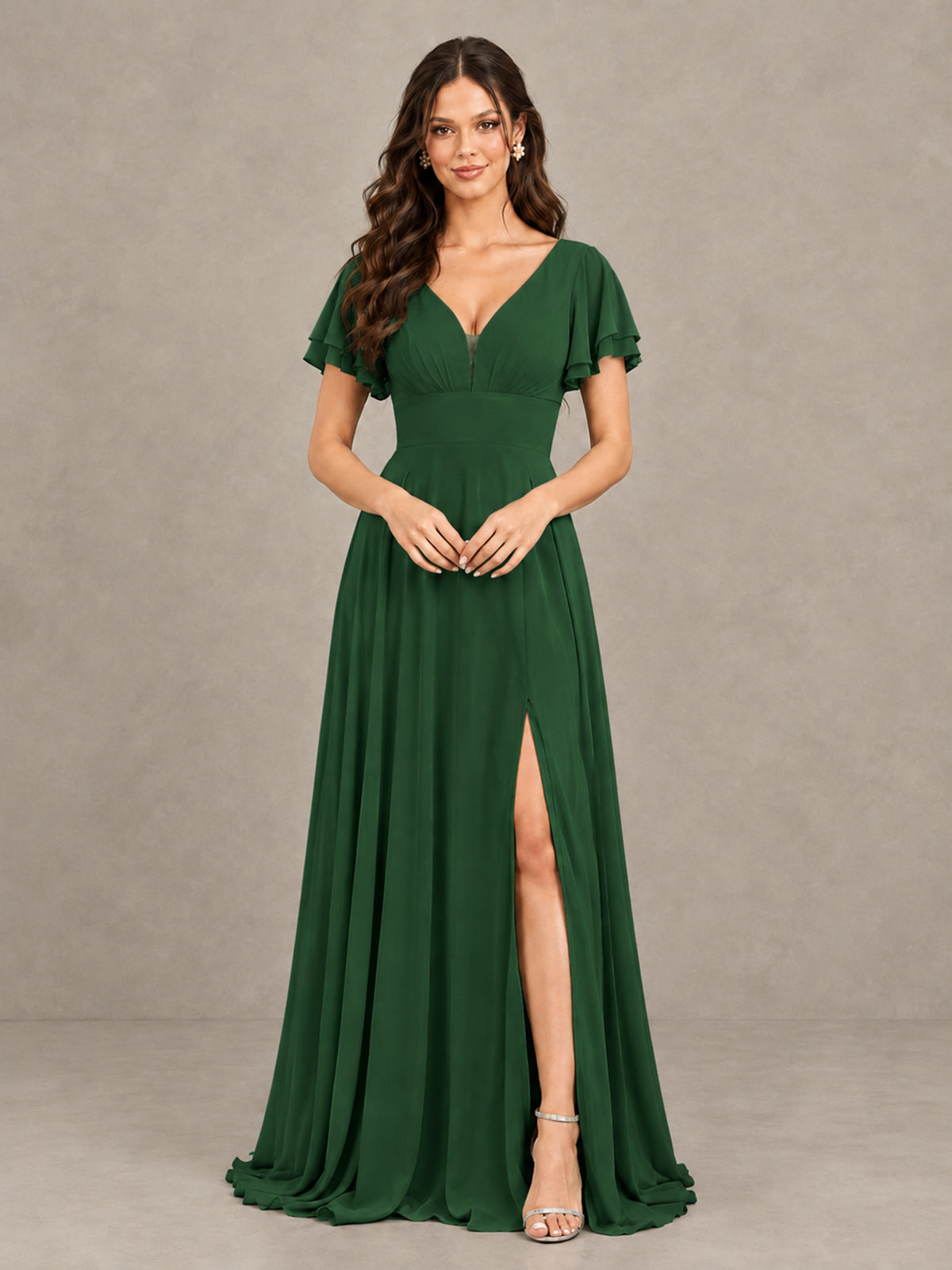 BOLODOO Emerald Green Flutter Sleeve Chiffon A-Line Maxi Bridesmaid Dress with Open Back & Slit - Emerald Green - Emerald Green (4)