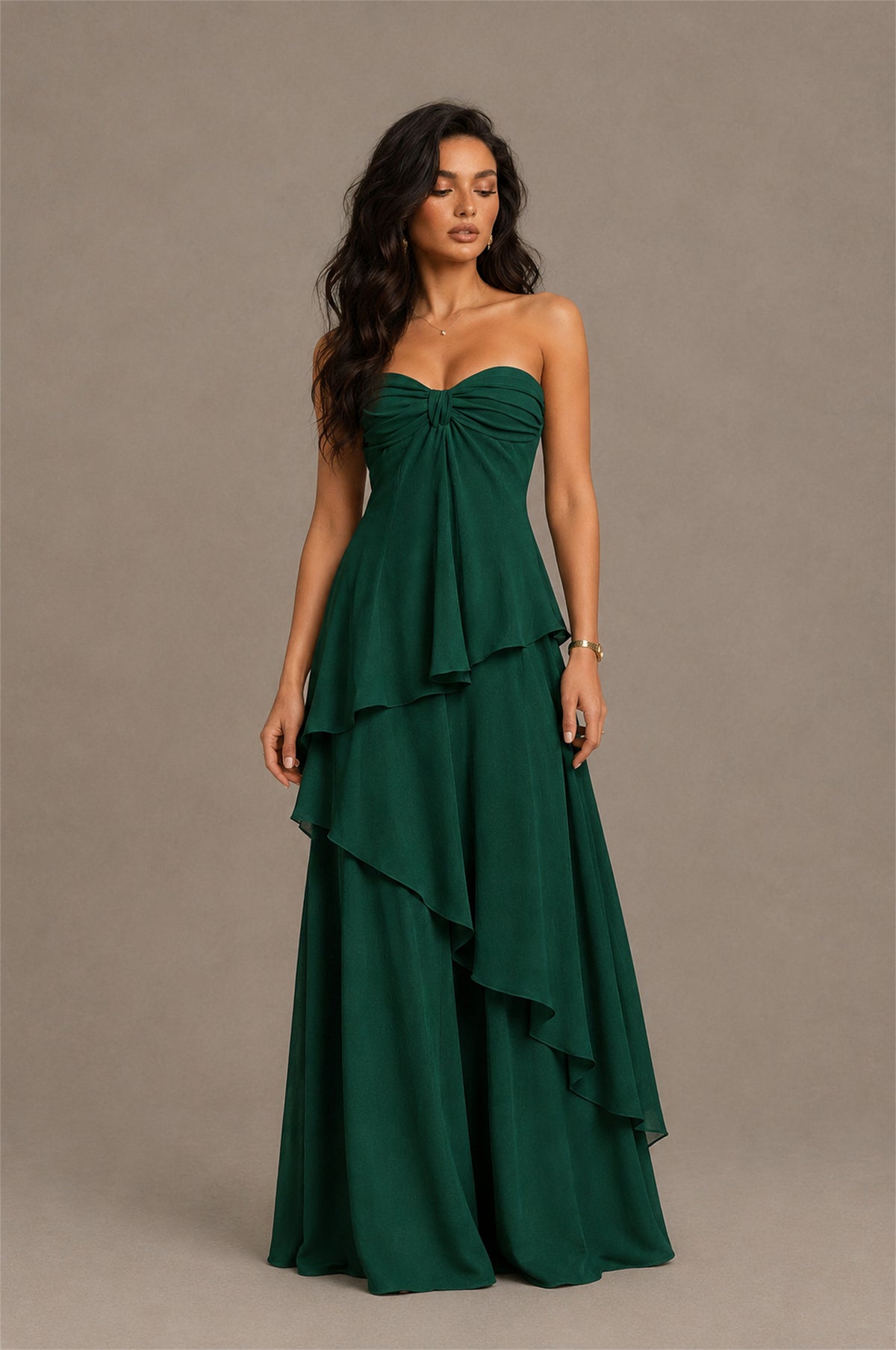 BOLODOO Emerald Green Strapless Sweetheart Knotted Chiffon Tiered Maxi Dress with Lace-Up Back - Emerald Green