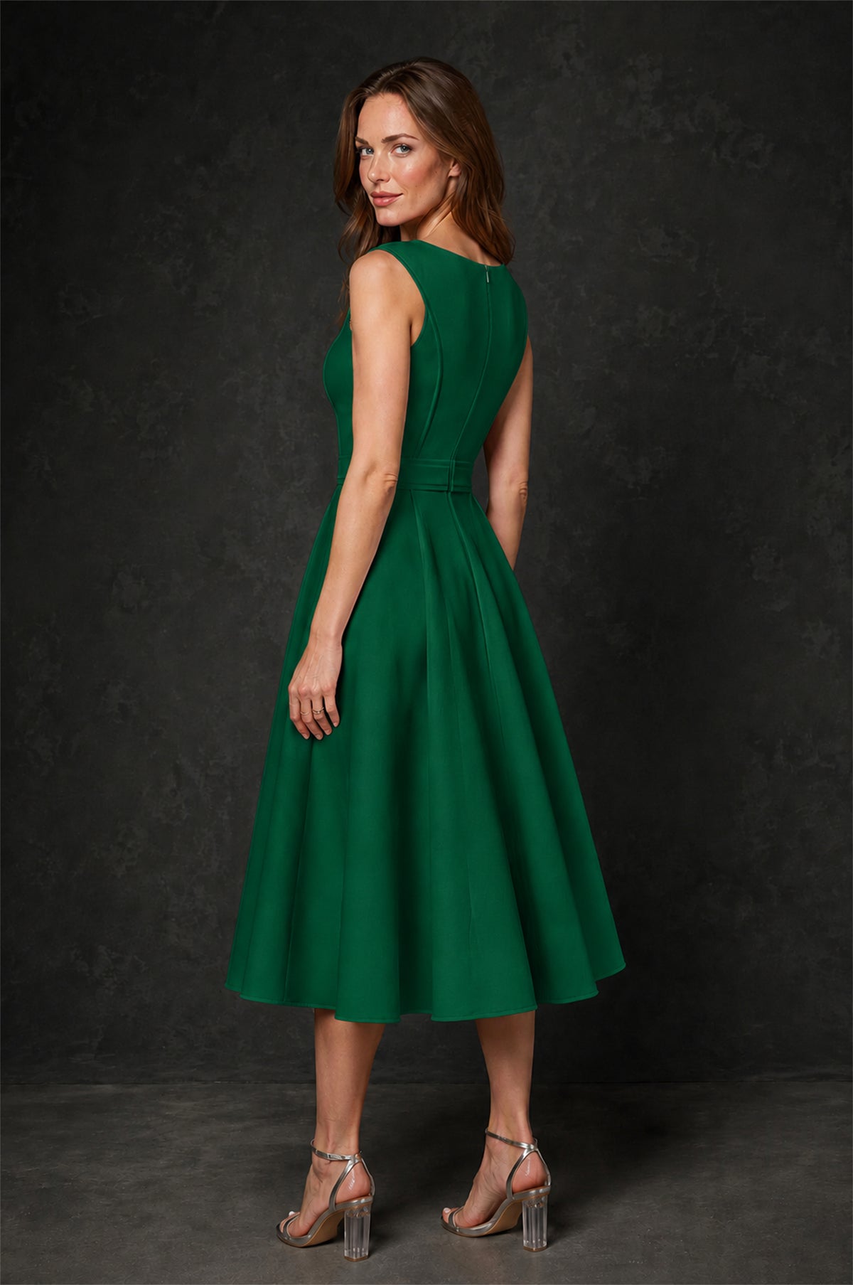 BOLODOO Emerald Green 3D Rosette Appliqué 3/4 Sleeve Jacket & V-Notch Sleeveless A-Line Tea-Length Two-Piece Dress Set - Emerald Green