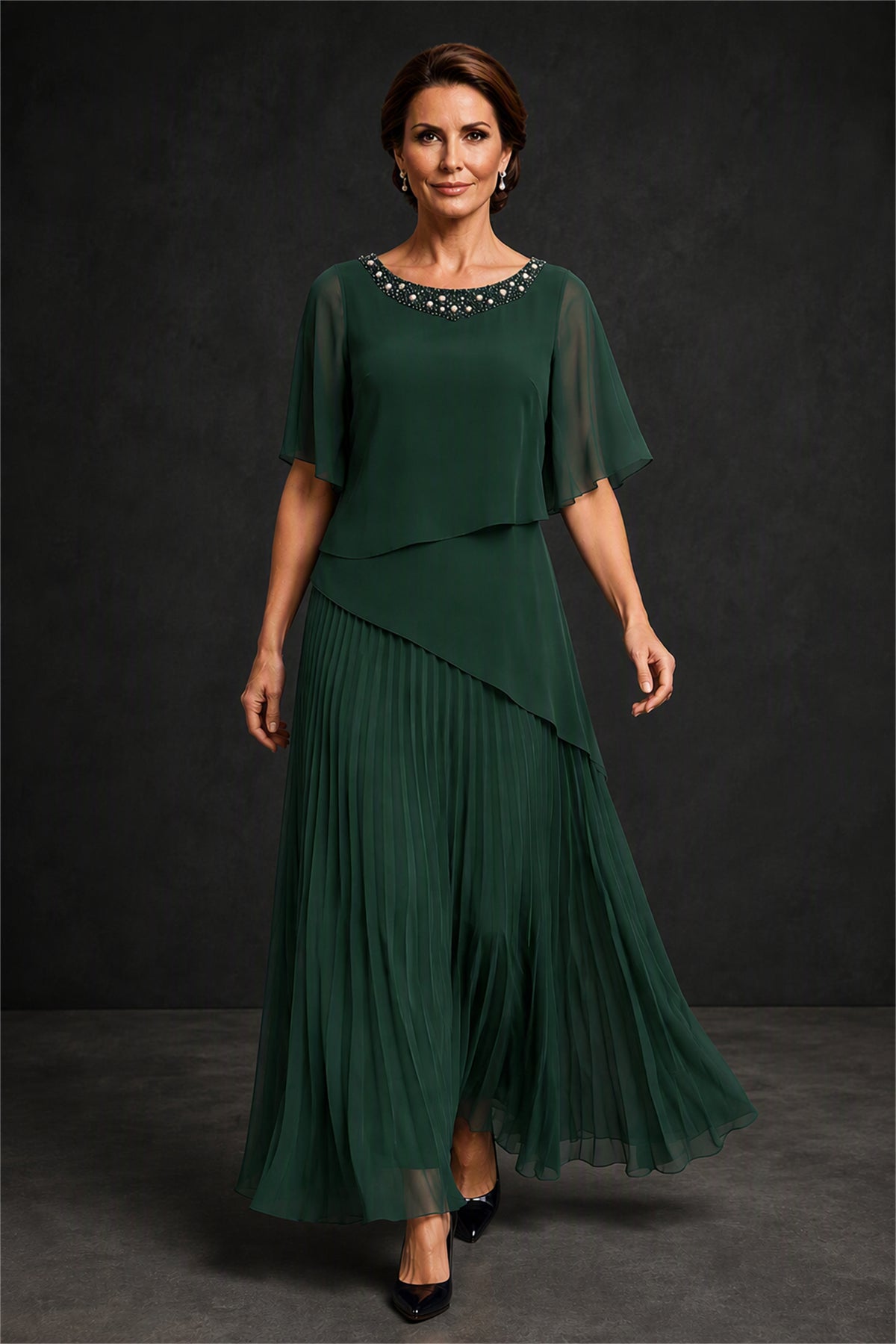 BOLODOO Emerald Green Pearl Beaded Neck Asymmetric Tiered Flutter Sleeve Pleated Chiffon Maxi Dress - Emerald Green