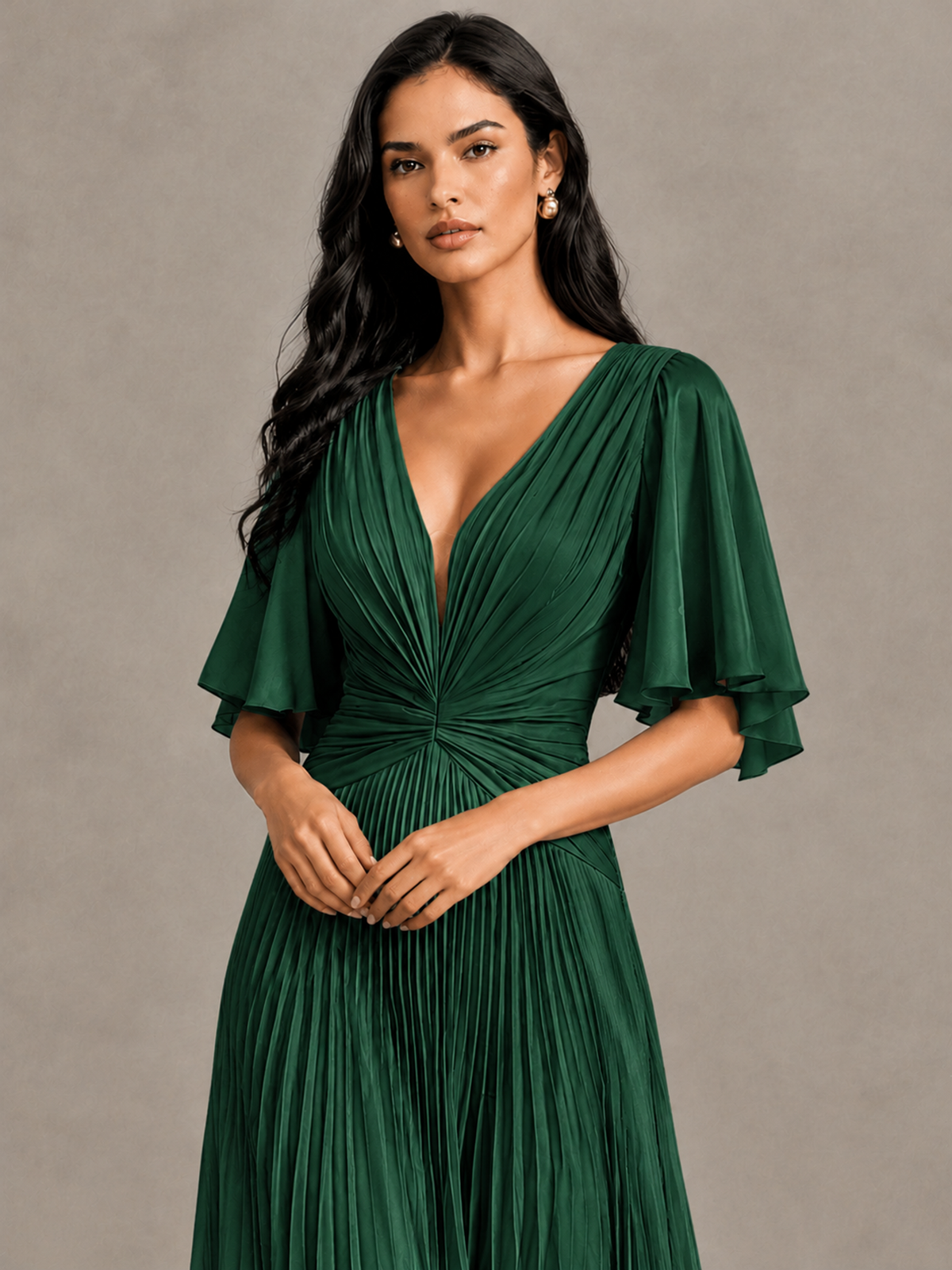 BOLODOO Emerald Green Pleated V-Neck Flutter Sleeve Bridesmaid Dress - Emerald Green - Emerald Green (4)